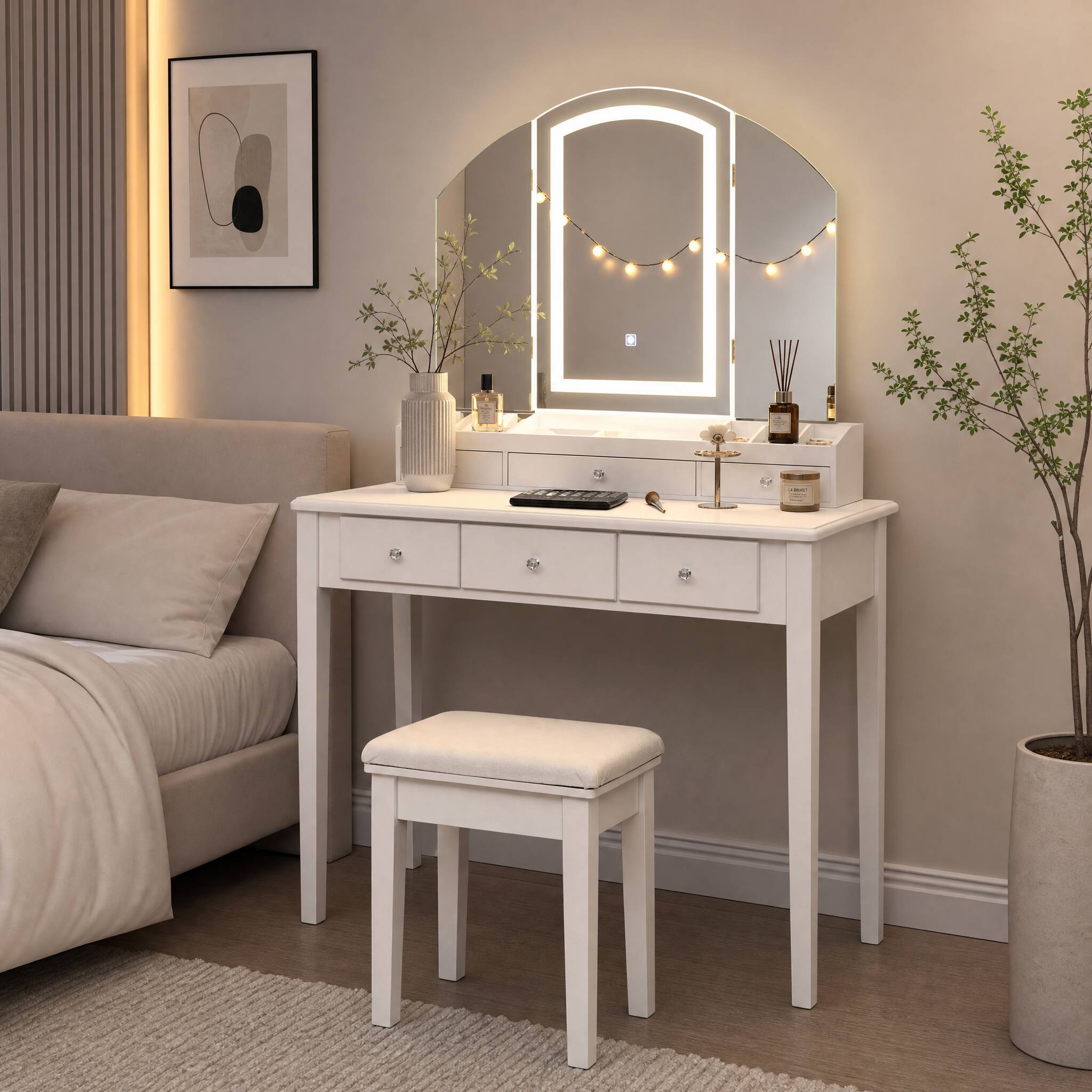 Angle. WELLFOR - Makeup Vanity Table Stool Set with 3‑Color Lighted Mirror, 6 Drawers & Multi‑Slot Desktop Storage for Bedroom - White.