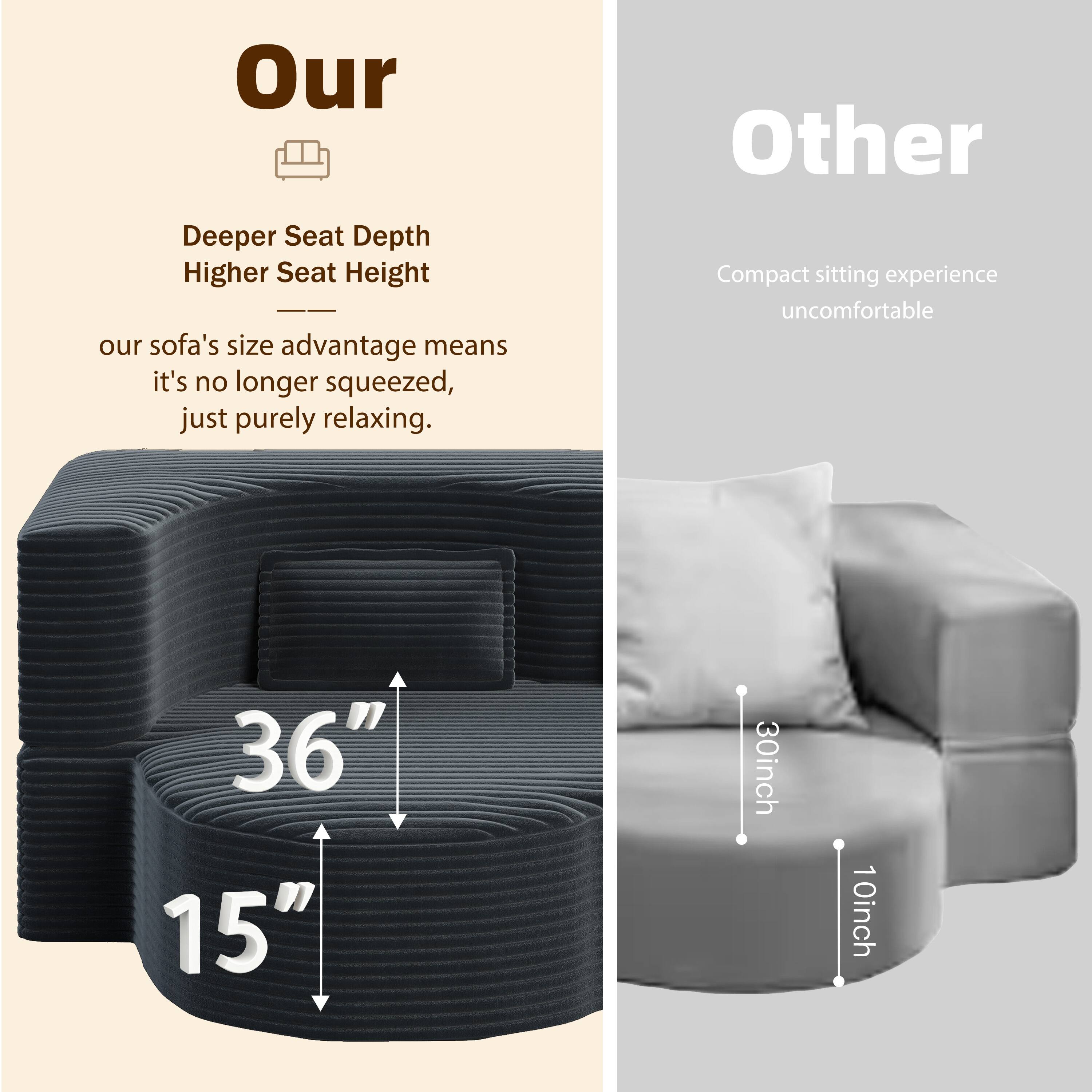**Our**

- Deeper Seat Depth
- Higher Seat Height

Our sofa's size advantage means it's no longer squeezed, just purely relaxing.

36"  
15"

**Other**

- Compact sitting experience
- Uncomfortable

30inch  
10inch