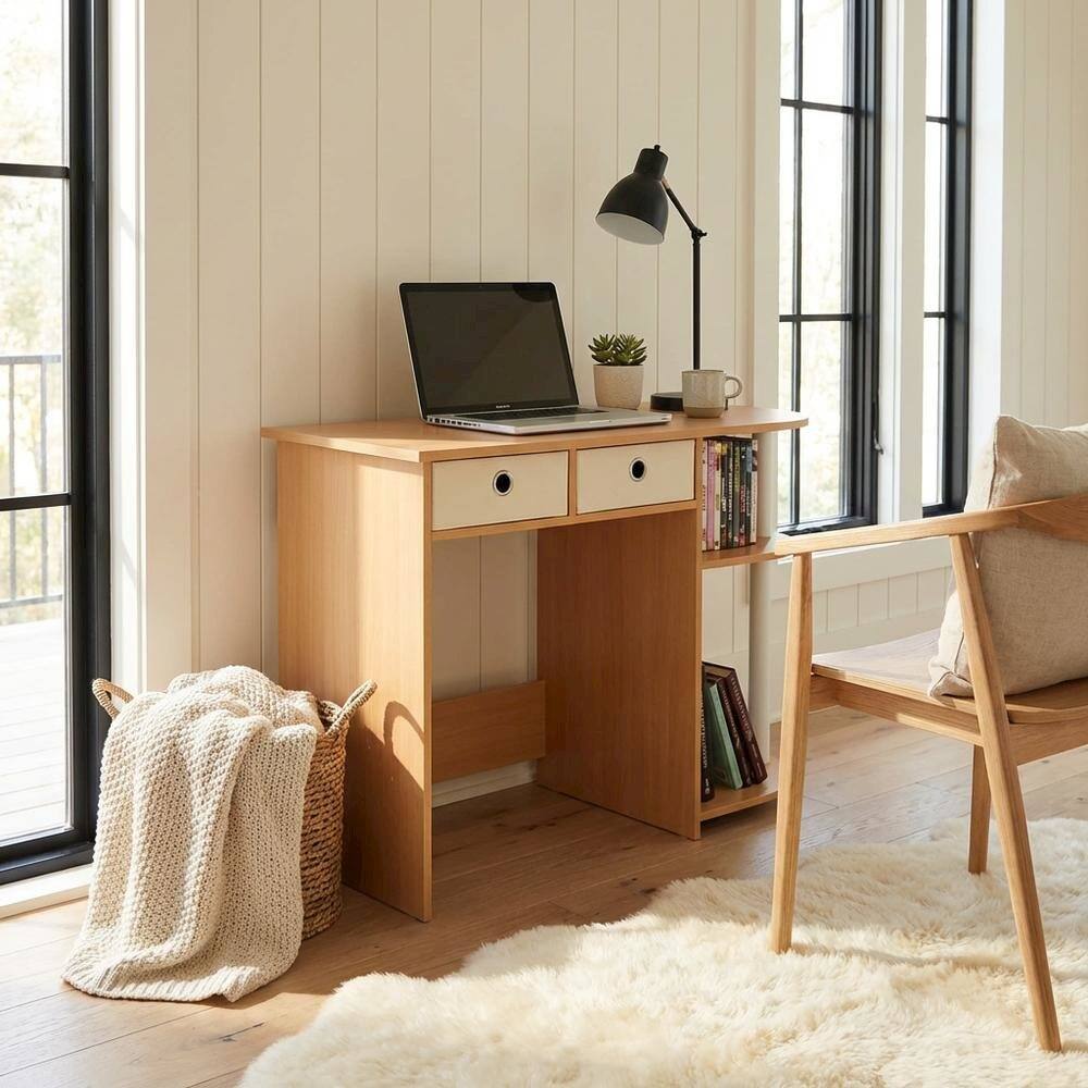 Left. BisonOffice - Wooden Laptop Desk with Beech, Ivory Finish, Workstation for Home Office - Beech/Ivory/White.