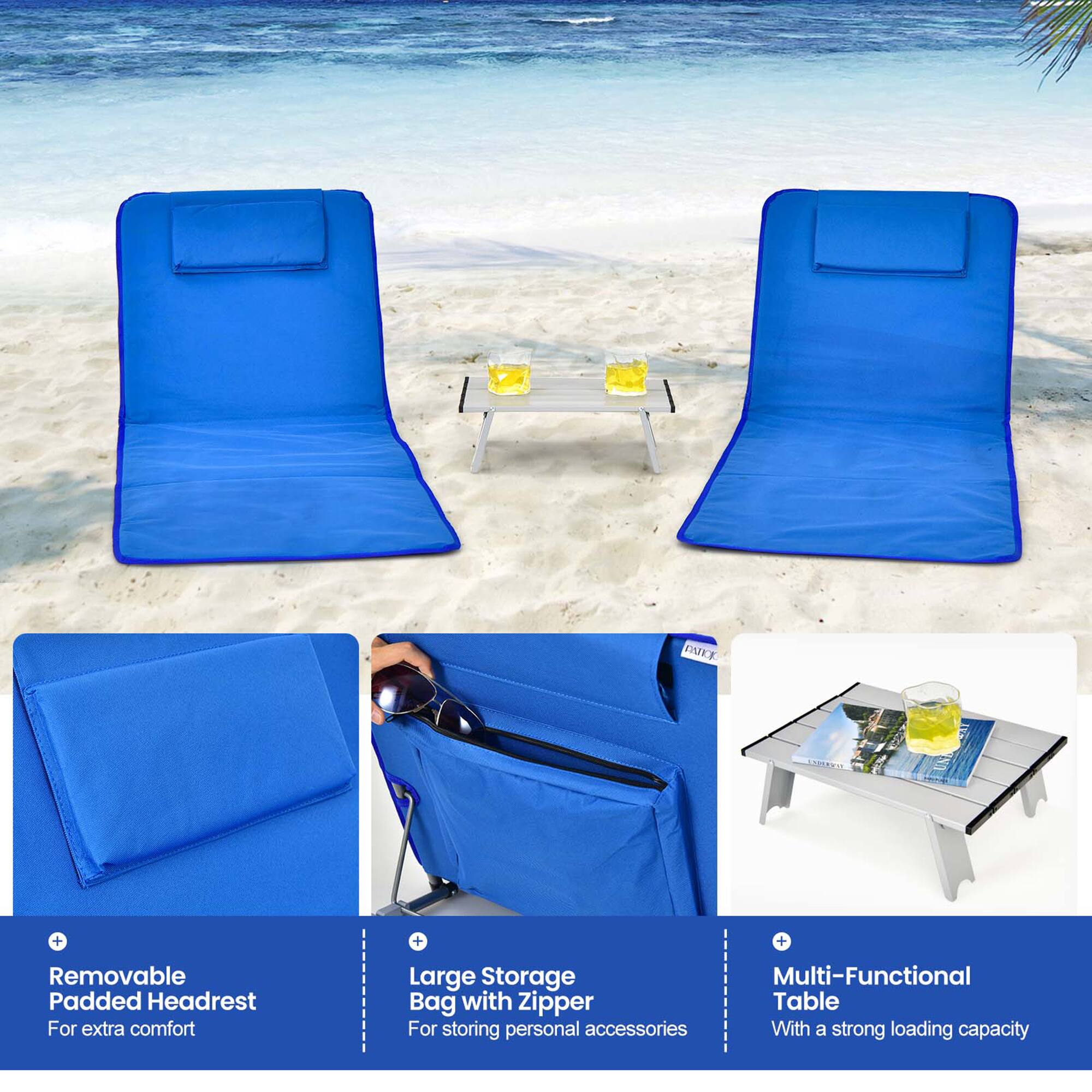 - Removable Padded Headrest for extra comfort
- Large Storage Bag with Zipper for storing personal accessories
- Multi-Functional Table with a strong loading capacity