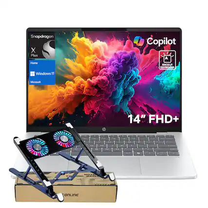 Sure, here is the corrected and grouped text from the image:
---
**Snapdragon X Plus Home Copilot**
- **Windows 11**
- **Microsoft**
- **14" FHD+**
- **5G**
- **BACKLIT KEYBOARD**
- **Copilot**
---
This text is grouped based on the visible elements in the image.