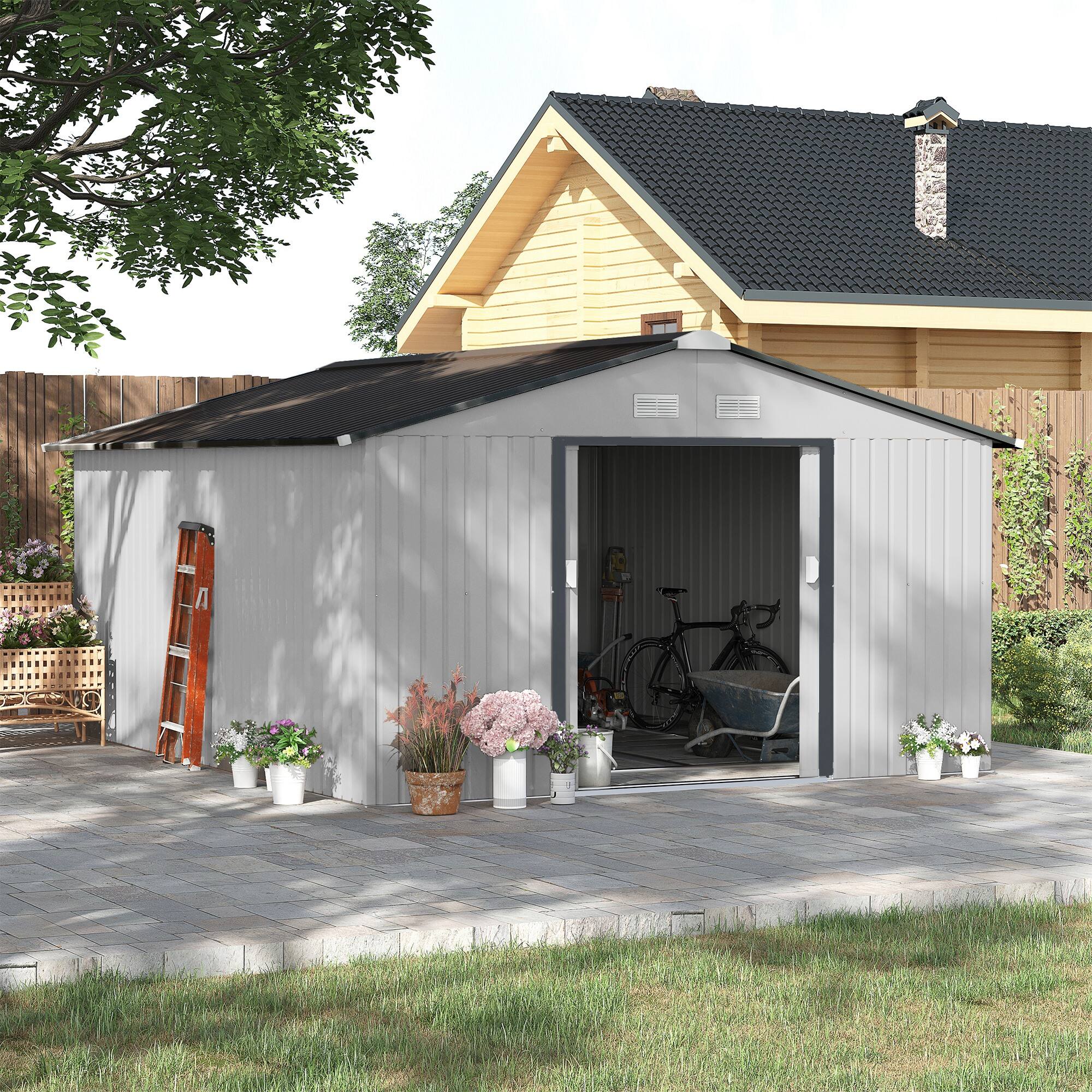 Alt View 1. Outsunny - 11' x 13' Outdoor Storage Shed, Garden Tool Metal Shed with Foundation Kit, Double Lockable Door.
