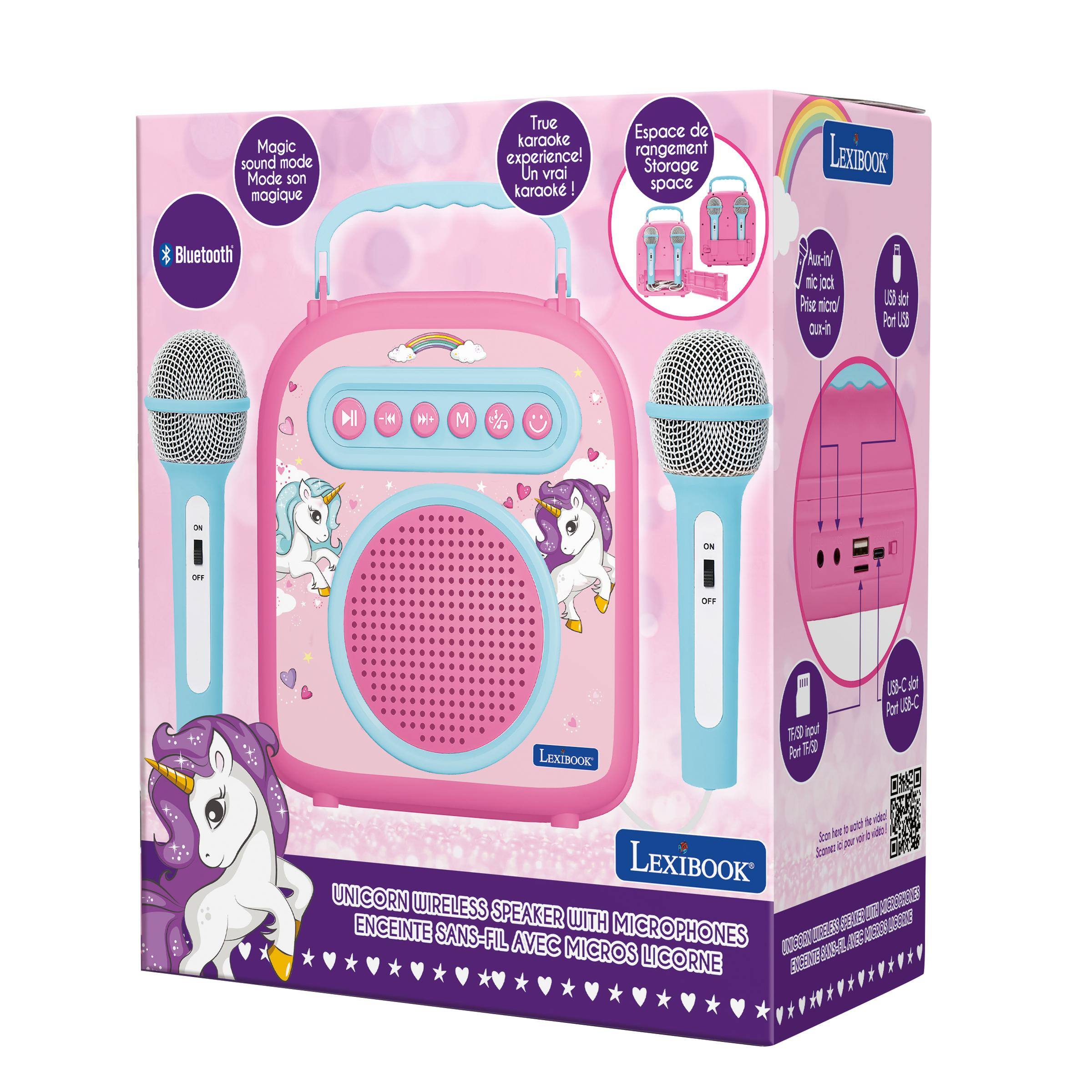 Magic sound mode  
Mode son magique

True karaoke experience!  
Un vrai karaok

Espace de rangement  
Storage space

LEXIBANC

Bluetooth

Aur-in/ mic lock  
Pose micr. out-in

USB set  
Port USB

M  
DI  
ON  
OFF  
OFF

UEB-C Pot / USS-C OF-50 ingut  
LEXIBOOK Port TF50

LEXIBOOK  
UNICORN WIRELESS SPEAKER  
ENCEINTE SANS-FIL AVEC MICROS  
202220 JUEC LICORNE
