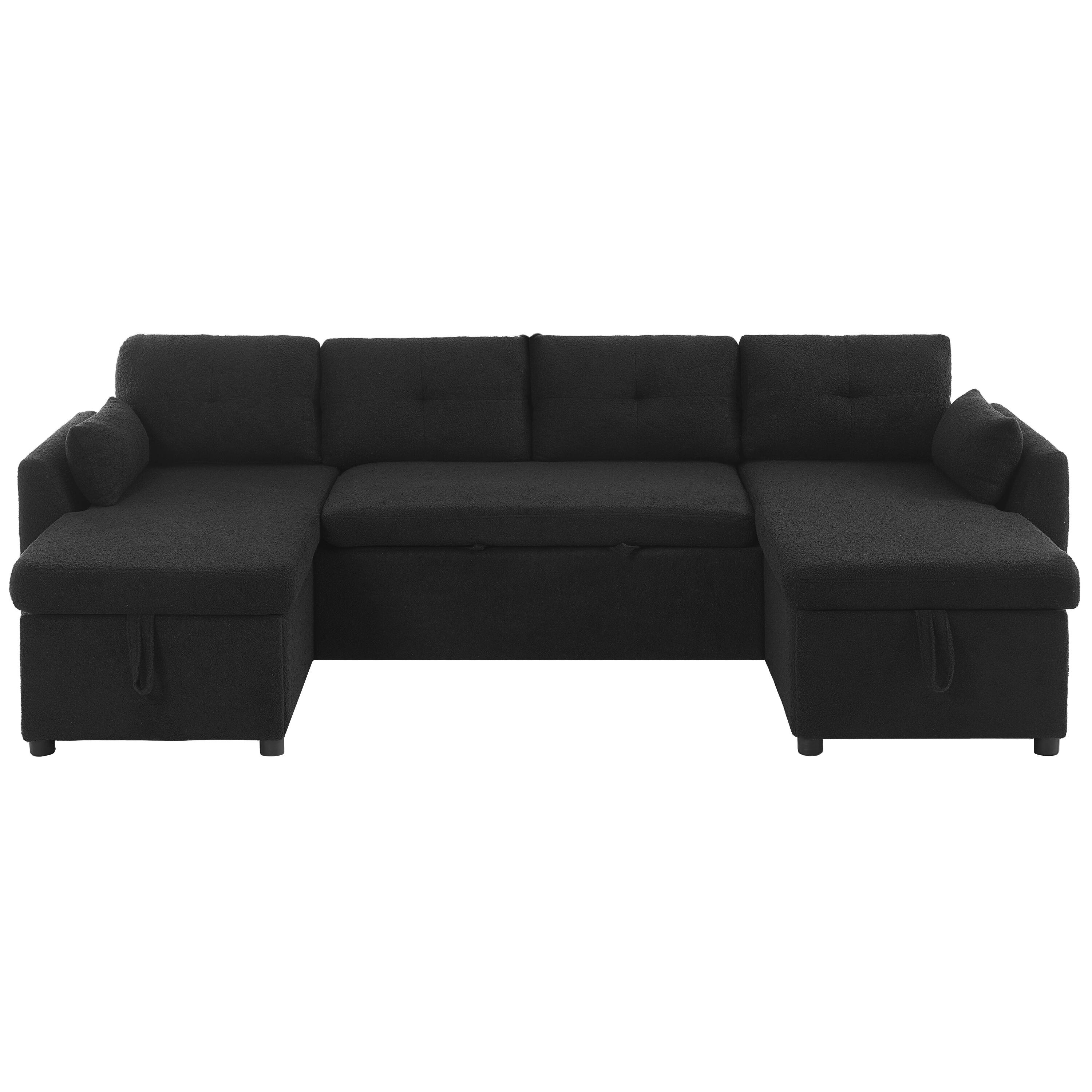 Back. Whisen - Modern U-shaped Sectional Sofa Bed with Storage and USB Ports for Living Room - Black.