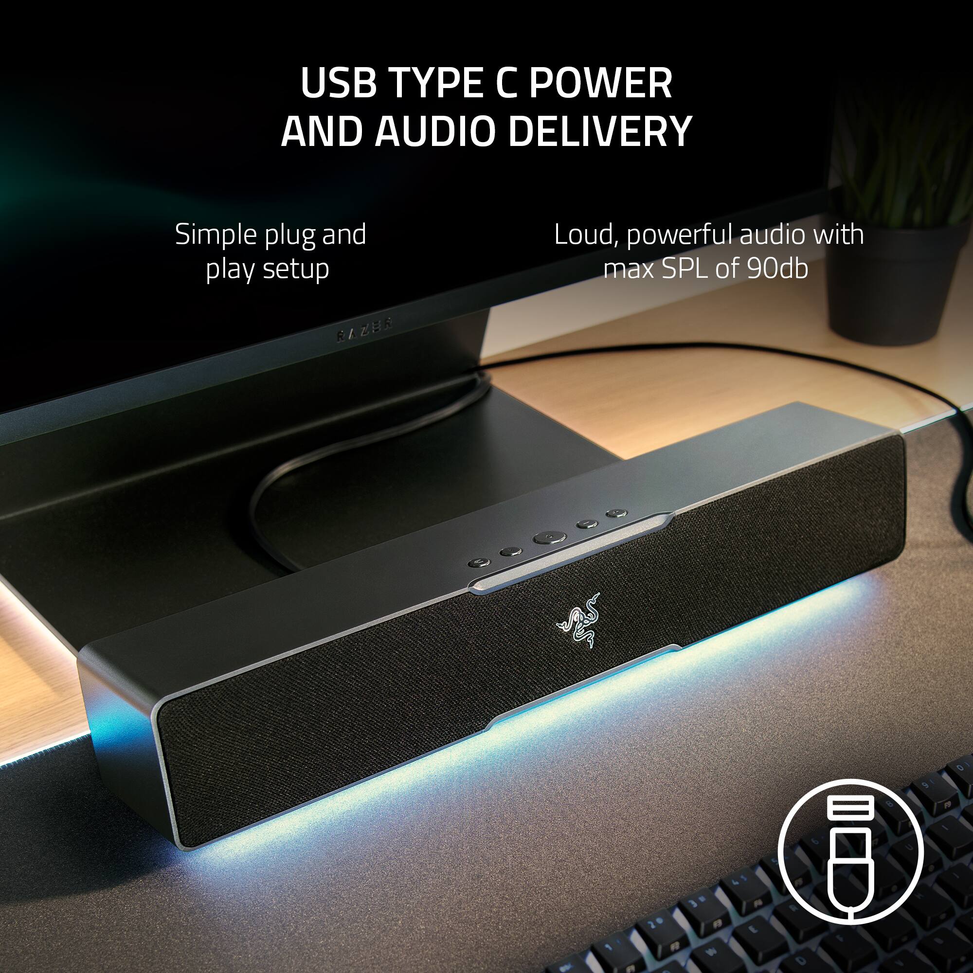 The text on the image reads: "USB Type C Power and Audio Delivery. Simple plug and play setup. Loud, powerful audio with max SPL of 90db."