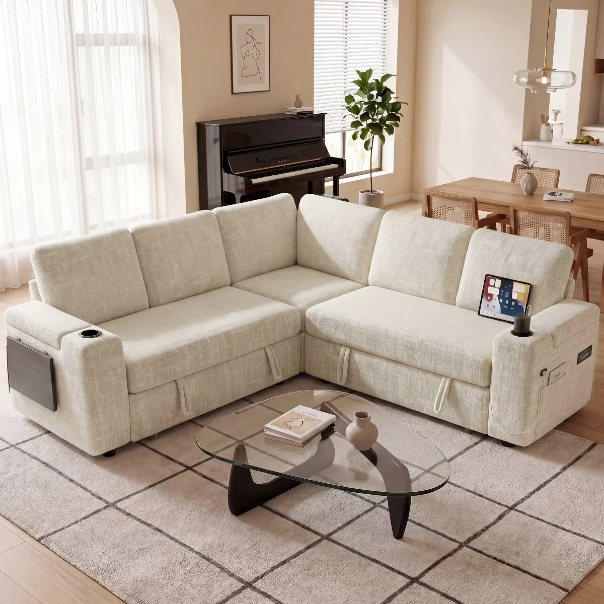 Angle. Dyonery - 85" Beige Chenille Modular 5-seater L-shaped Sectional Sleeper Sofa Bed with Pull Out Bed,USB Ports,Cup Holders - Beige.