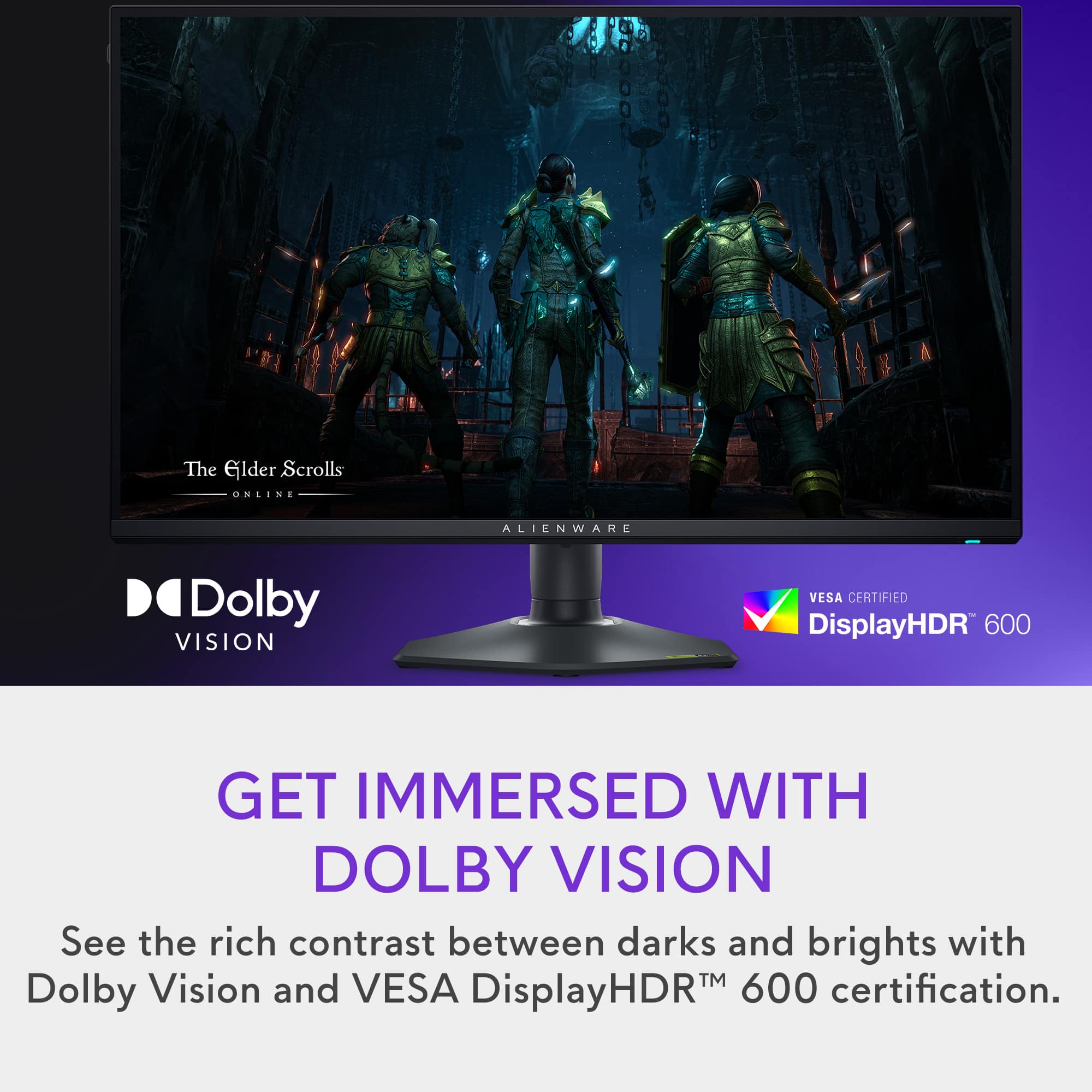 The Elder Scrolls Online is an immersive experience that utilizes Dolby Vision technology to enhance the visuals. This technology provides a rich contrast between darks and brights, allowing players to see the details in the game more clearly. The game is also VESA DisplayHDR 600 certified, ensuring that the display meets the high standards for HDR gaming.