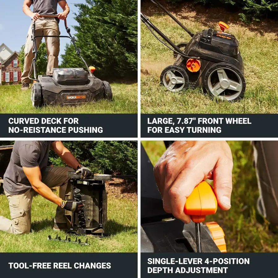 The text on the image is grouped and corrected as follows:

1. Work No-Resistance Pushing: Curved Deck for No-Resistance Pushing
2. Large, 7.87" Front Wheel for Easy Turning: Large, 7.87" Front Wheel for Easy Turning
3. Tool-Free Reel Changes: Tool-Free Reel Changes
4. Single-Lever 4-Position Depth Adjustment: Single-Lever 4-Position Depth Adjustment