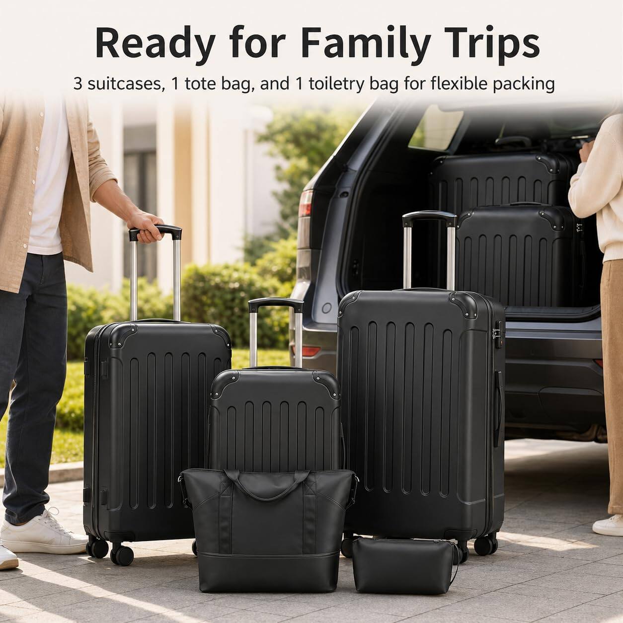 Ready for Family Trips  
3 suitcases, 1 tote bag, and 1 toiletry bag for flexible packing