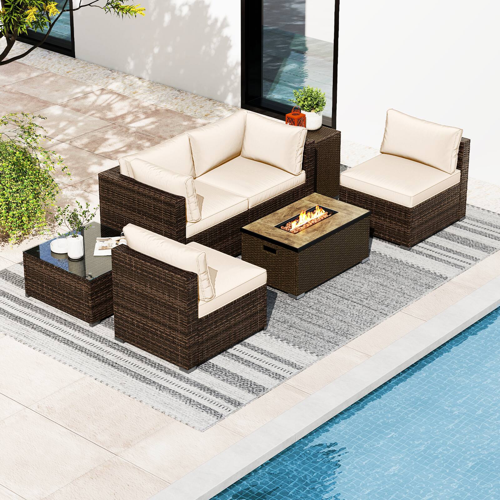 Alt View 3. Costway - Costway 7 Pieces Outdoor Furniture Set with 32" Fire Pit Table and Propane Tank Cover - White.