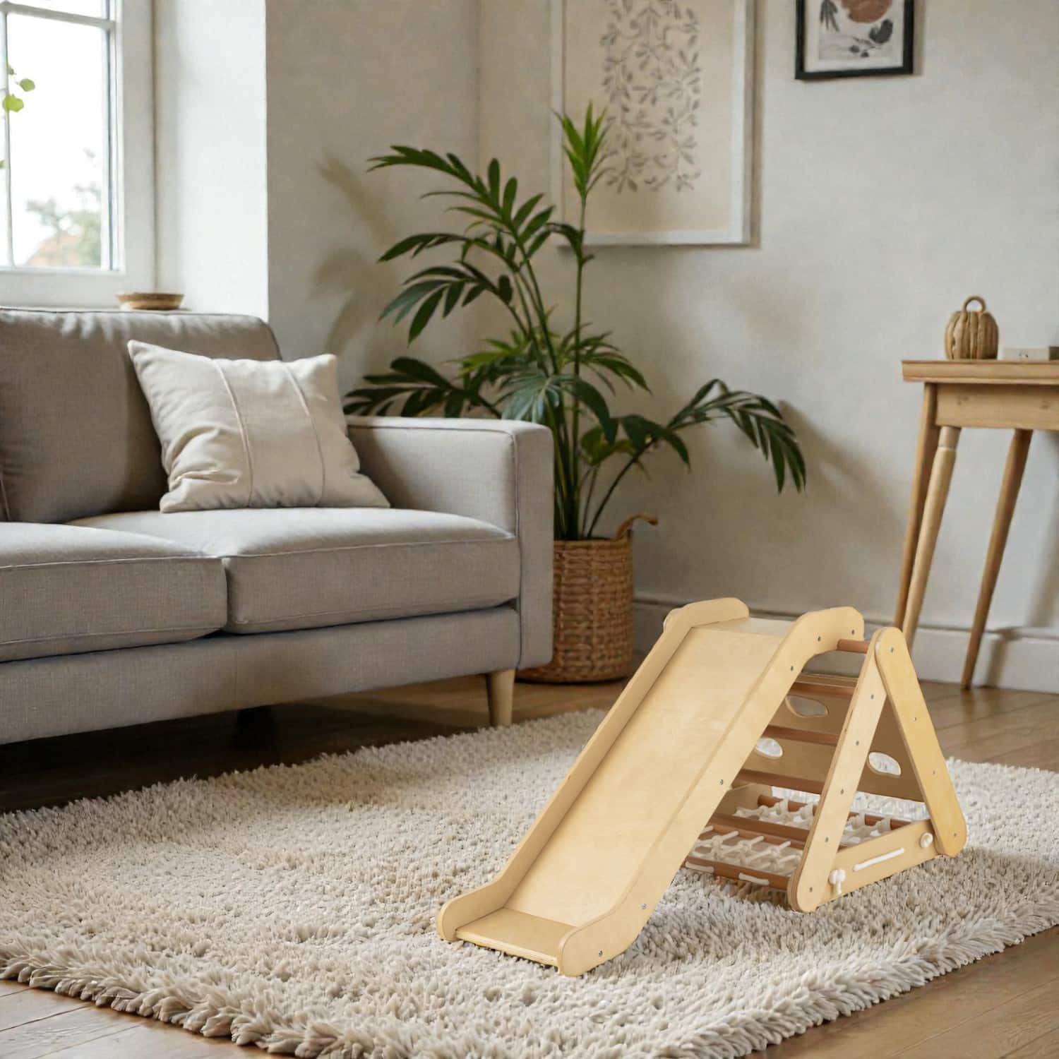 BreeBe - 4-in-1 Kids’ Triangle Climbing Set with Slide and Rope Net - Natural