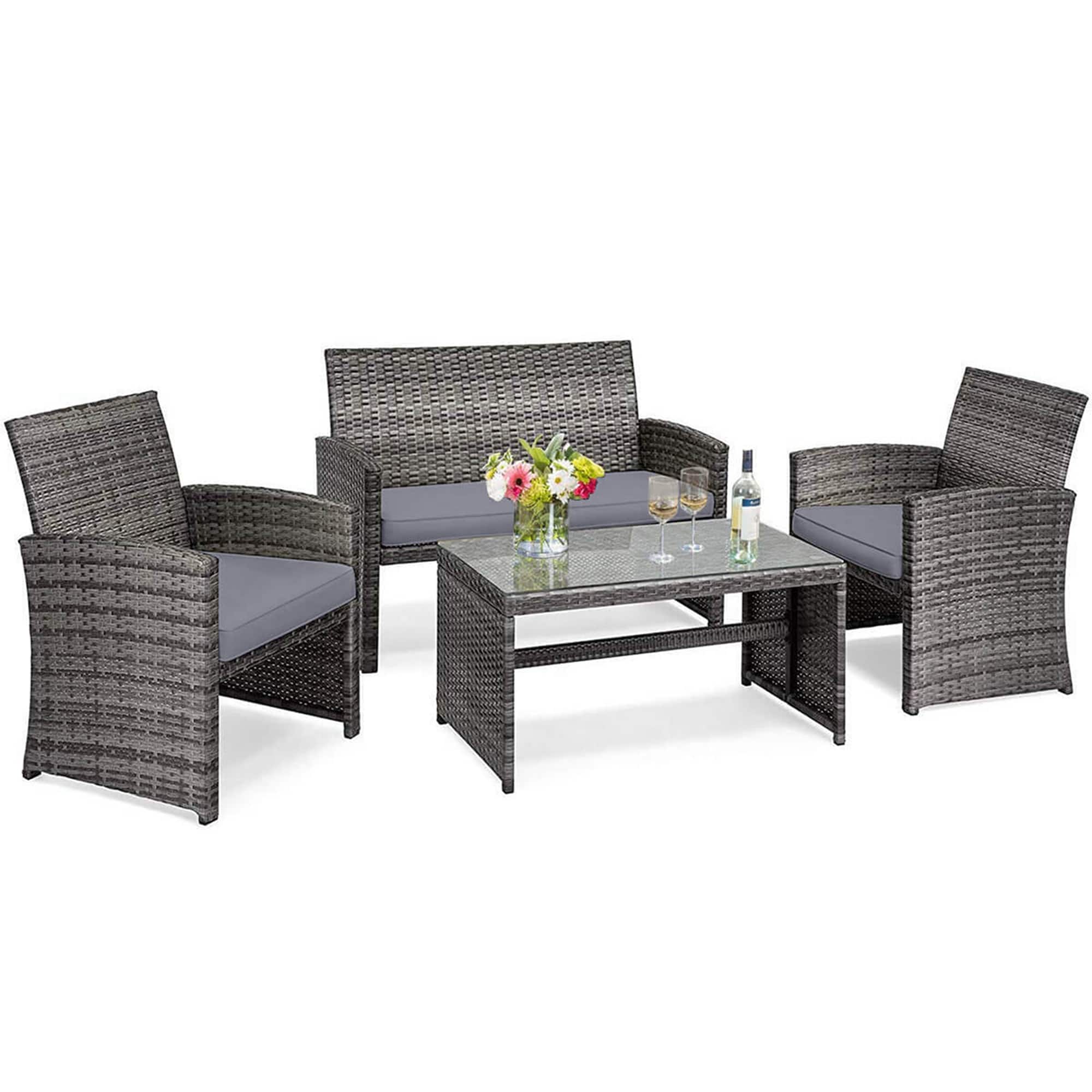 Front. Costway - 4 PCS Patio Cushioned Rattan Sofa with Glass Top Table - Gray.