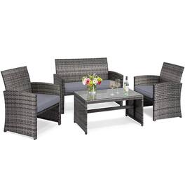 Costway - 4 PCS Patio Cushioned Rattan Sofa with Glass Top Table - Gray
