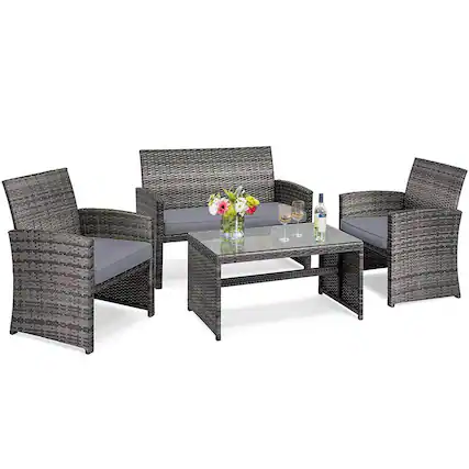 Front. Costway - 4 PCS Patio Cushioned Rattan Sofa with Glass Top Table - Gray.