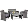 Costway - 4 PCS Patio Cushioned Rattan Sofa with Glass Top Table - Gray
