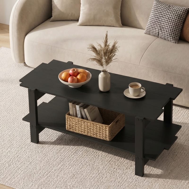 WELLFOR - 2-Tier Coffee Table with Storage Shelf, Rectangle Wood Center Table for Living Room - Black