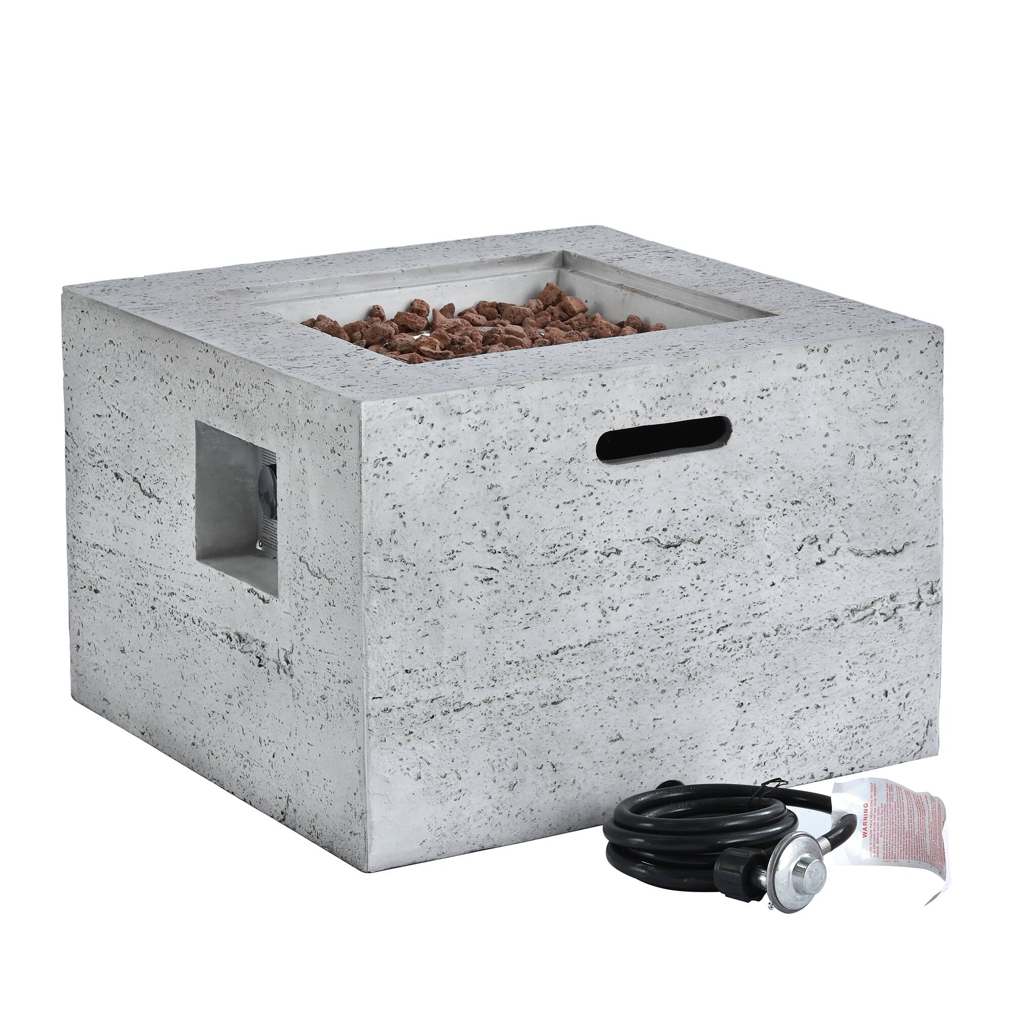 Left. Whisen - Outdoor 24" Square MGO Propane Fire Pit Table Set with Tank Cover, 40,000 BTU Patio Heater - Light Gray| Gray.
