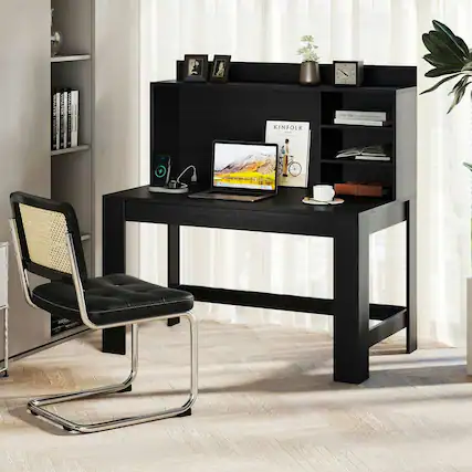 Front. Kadyn - Modern Computer Desk - Hutch & Storage Shelves, Black - Black.