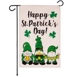 G128 - Garden Flag Happy St. Patrick's Day Three Leprechaun Gnomes 12"x18" Burlap Fabric - Green