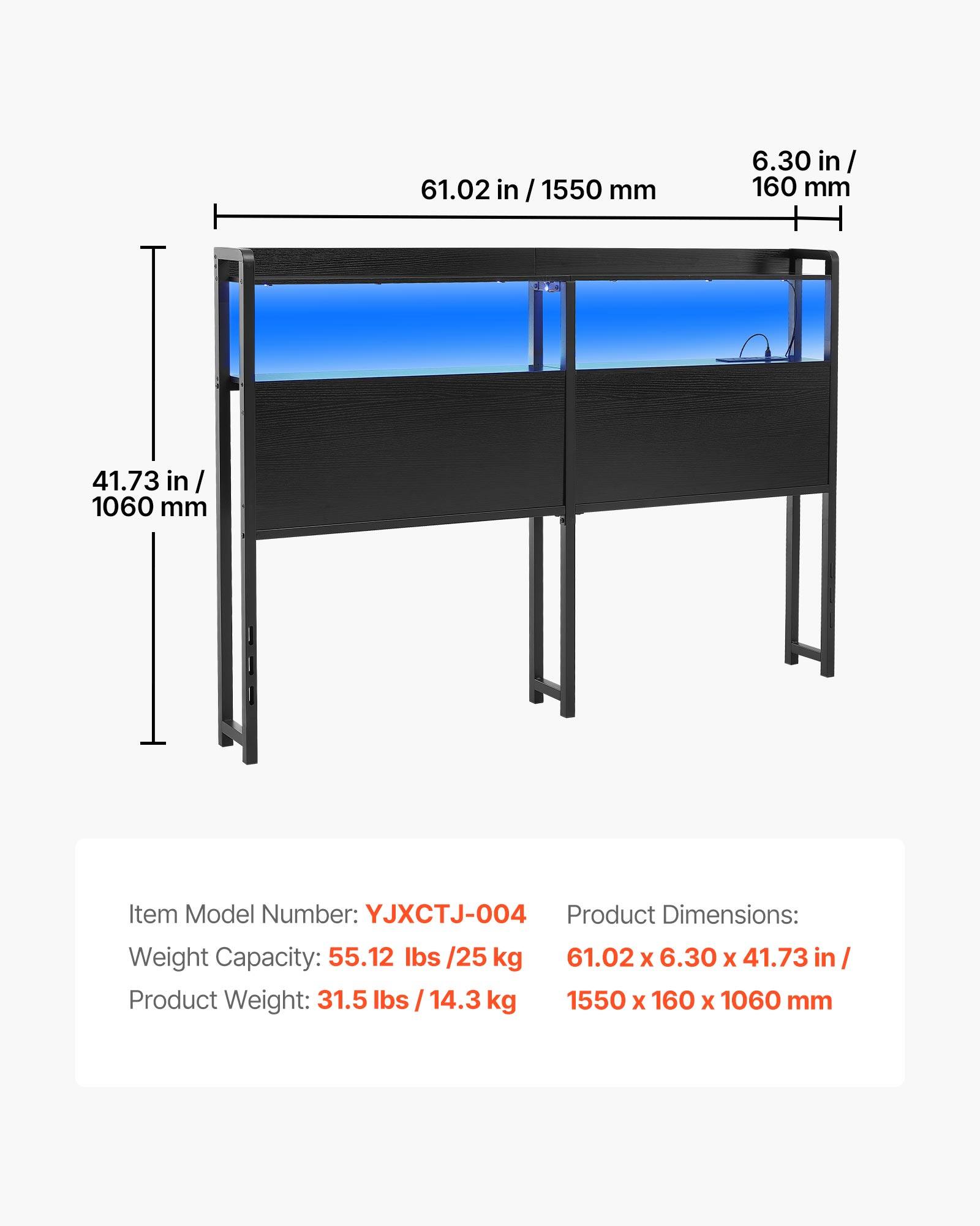 61.02 in / 1550 mm  
6.30 in / 160 mm  
41.73 in / 1060 mm  

Item Model Number: YJXCTJ-004  

Product Dimensions:  
61.02 x 6.30 x 41.73 in / 1550 x 160 x 1060 mm  

Weight Capacity: 55.12 lbs / 25 kg  

Product Weight: 31.5 lbs / 14.3 kg