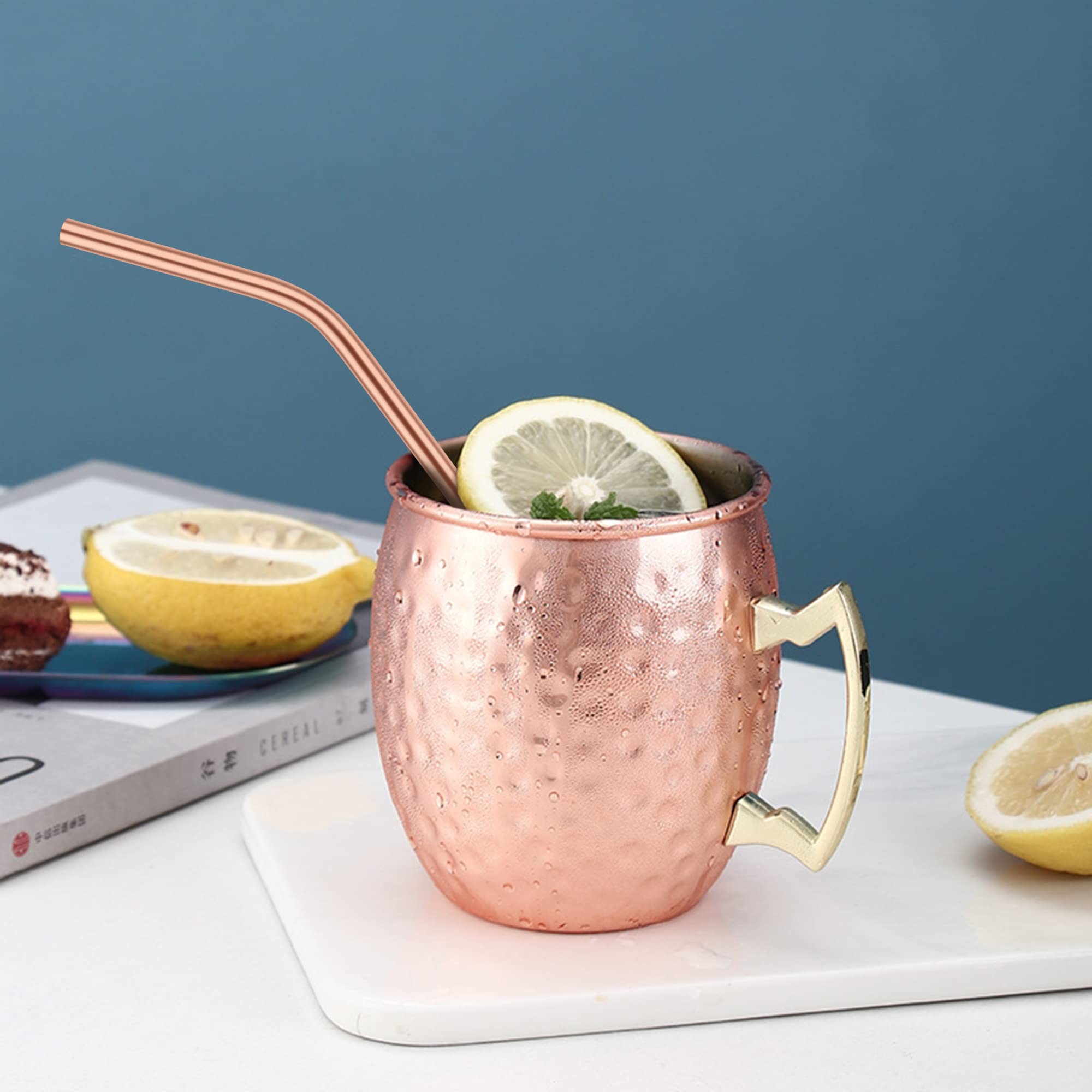 Angle. Dazzed Corner - 4pcs Reusable Copper Straws 8.5" Bent Straws Set with Cleaning Brush - Copper.