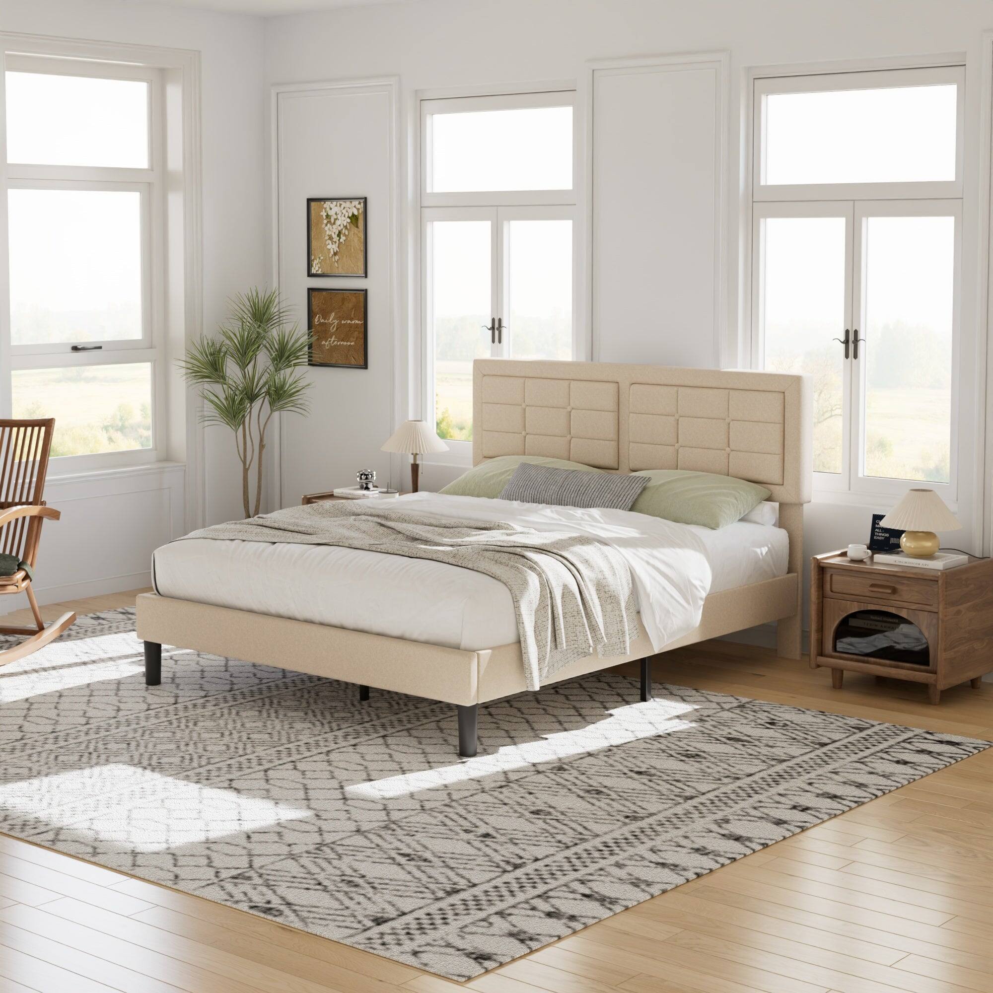 Alt View 2. Vecelo - Modern Queen Upholstered Bed Frame with Adjustable Headboard, Linen Tufted Platform Bed, Noise-Free Design - Beige.