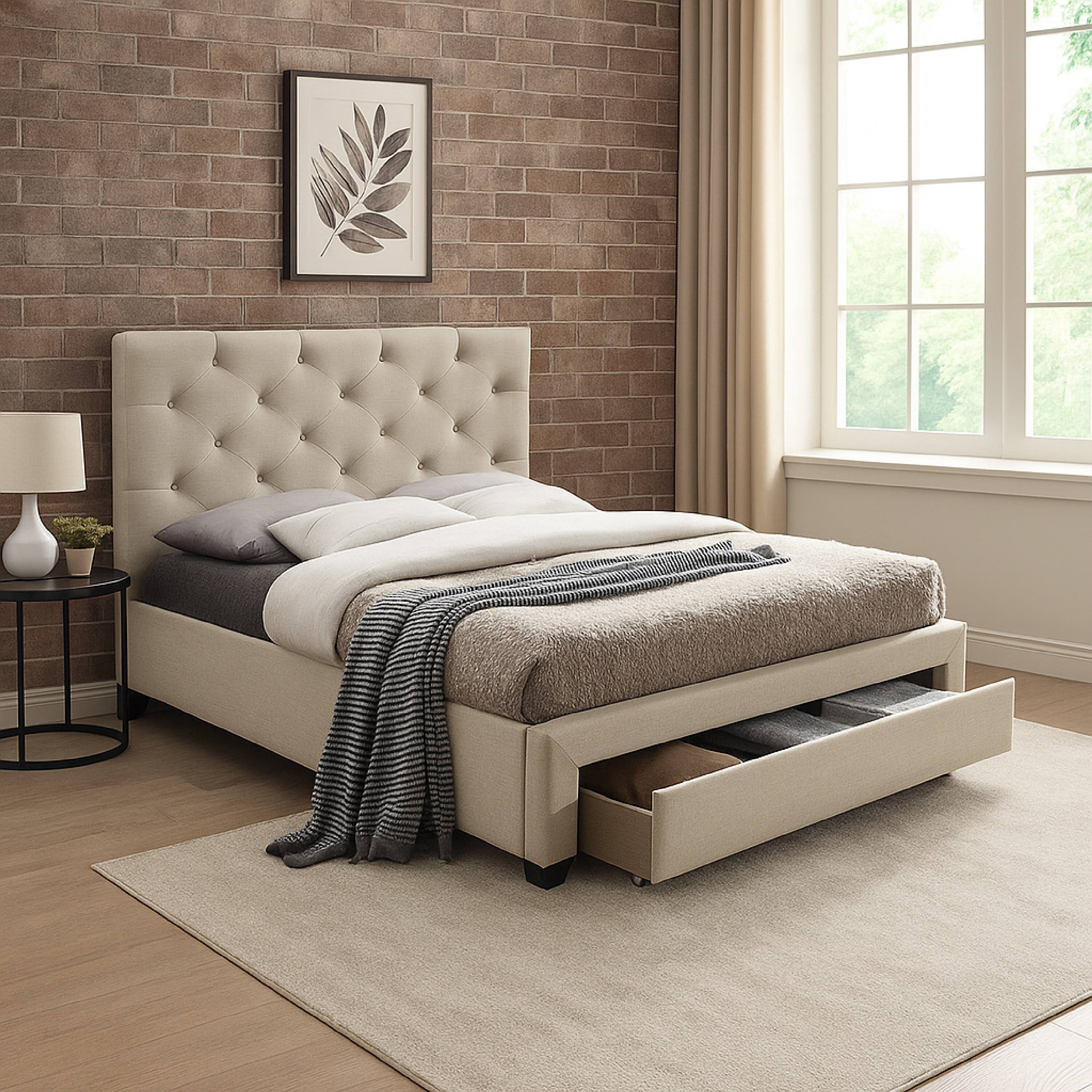 Alt View 2. Manhattan Lane - Sya Full Size Bed w Button Tufted Upholstery, Underbed Storage - Beige.