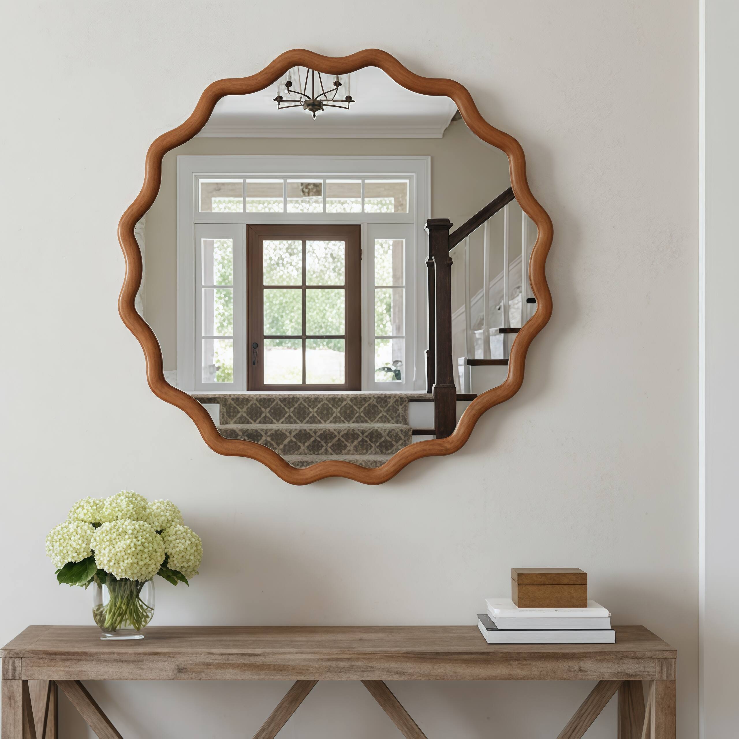 Back. Z-Edge - Round Wavy Wall Mirror, 30" Circle Boho Scalloped Mirror for Bedroom, Bathroom, Living Room, Entryway - Brown.