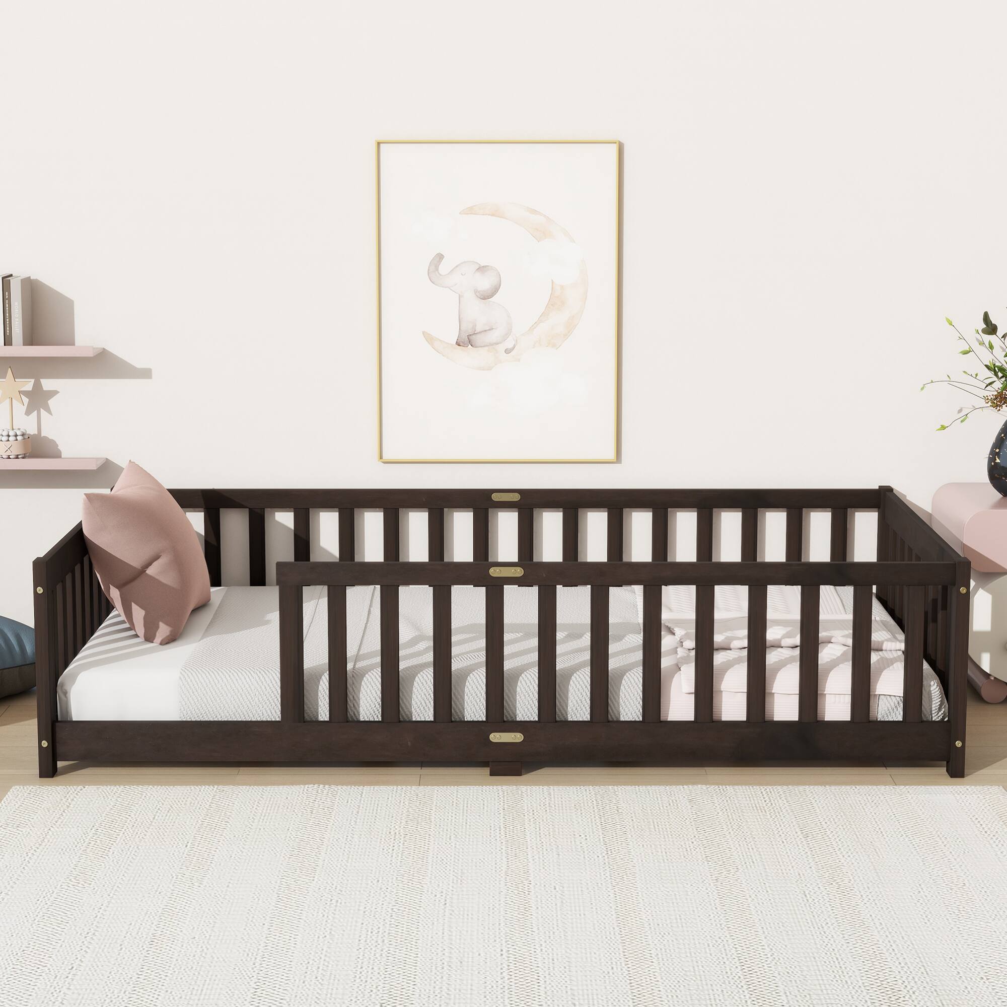 Angle. GOODSILO - Twin Size Floor Bed with Safety Fence for Kids, Sturdy Rubber Wood Construction, Easy Assembly - Espresso.