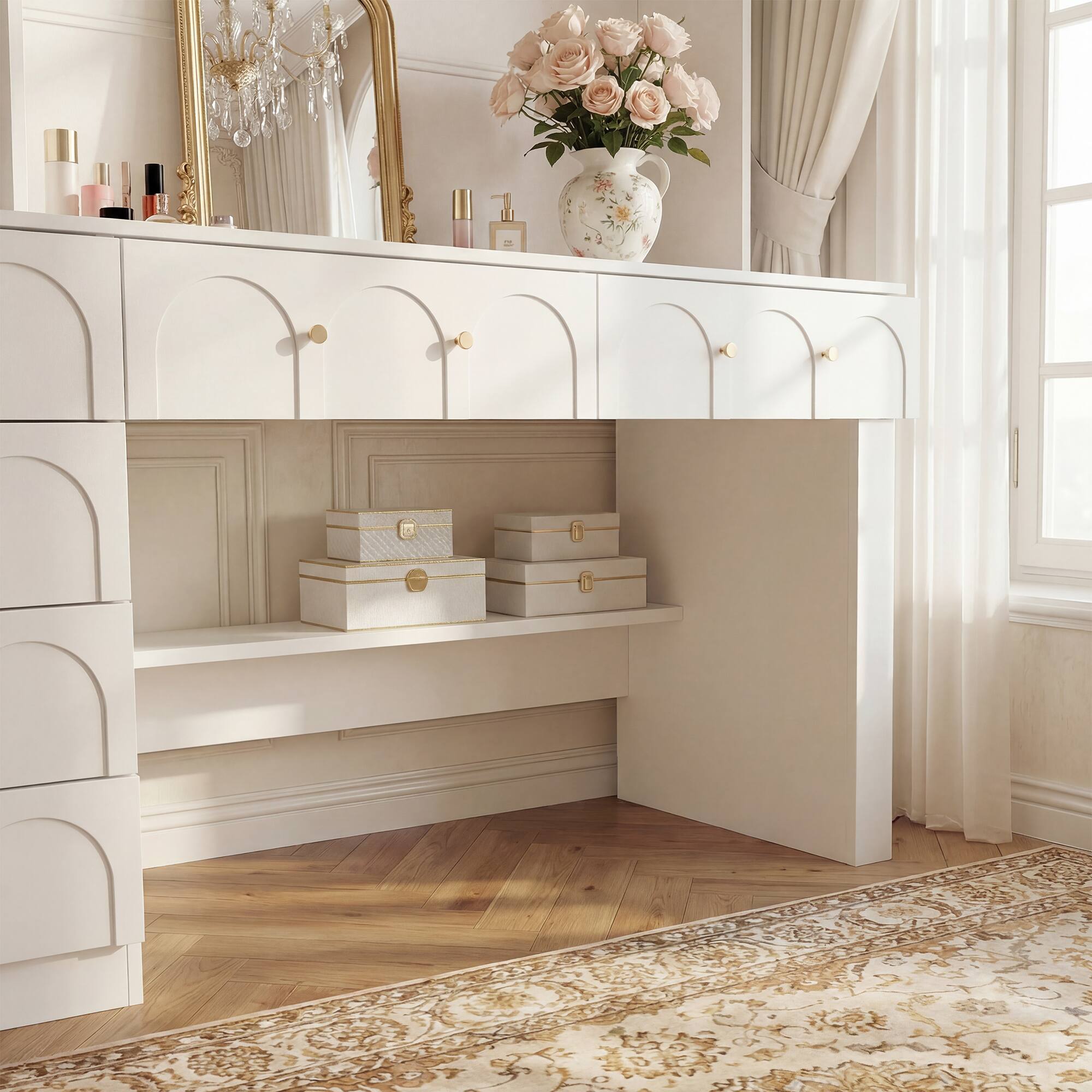 Alt View 5. Famapy - French Vintage Vanity & Desk Combo – White Arched Cabinet with Drawer, Glass Doors, for Bedroom or Home Office - White.