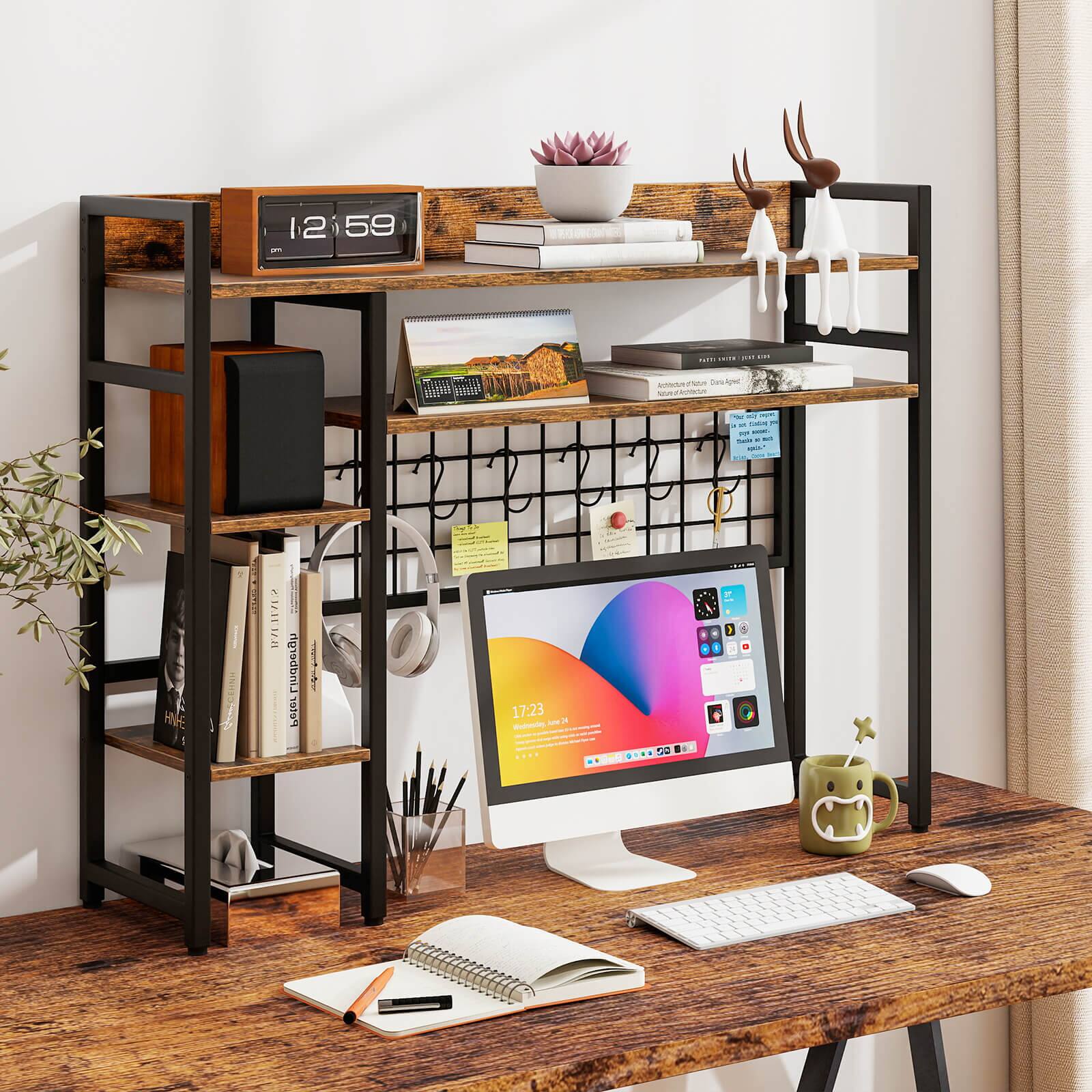 The image shows a desk with a computer, keyboard, mouse, and various items on it. There is a clock on the wall above the desk, and a shelf with books and other items. The shelf also has a potted plant and a vase. The desk is made of wood, and there is a cup placed on it. The scene appears to be a workspace or a home office.