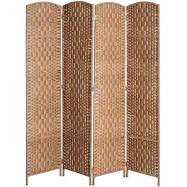 Homcom - Divider 4 Panel, 6FT Tall Folding Privacy Screen, Freestanding Hand-Woven Partition for Room Separation with 360° Hinges - Natural Wood