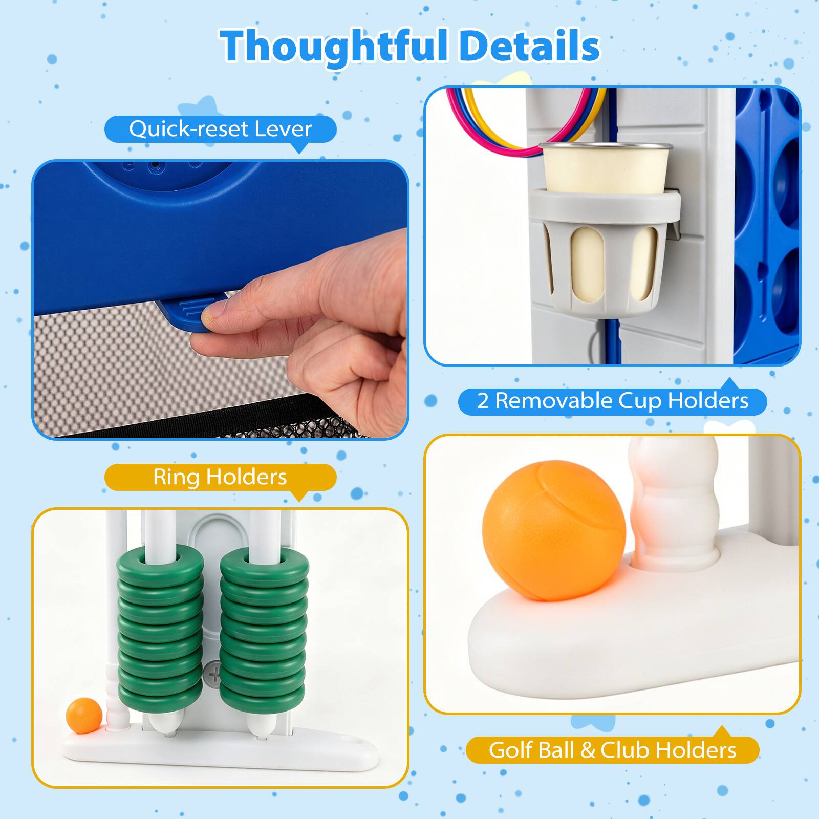 Thoughtful Details

- Quick-reset Lever
- 2 Removable Cup Holders
- Ring Holders
- Golf Ball & Club Holders