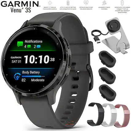 GARMIN Venu 3S
- BRIGHT 1.2" AMOLED TOUCHSCREEN DISPLAY
- UP TO 18 DAYS OF BATTERY LIFE IN SMARTWATCH MODE
- DETAILED HEALTH AND WELLNESS INSIGHTS
- ADVANCED FITNESS FEATURES
- WORKS WITH THE GARMIN CONNECT APP ON IPHONE AND ANDROID SMARTPHONES
Notifications
4 2
GARMIN
SAT 01
10:10:38
Body Battery
82 Moderate