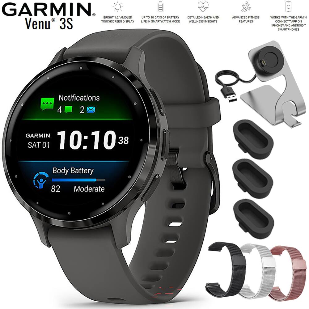 GARMIN Venu 3S

- BRIGHT 1.2" AMOLED TOUCHSCREEN DISPLAY
- UP TO 18 DAYS OF BATTERY LIFE IN SMARTWATCH MODE
- DETAILED HEALTH AND WELLNESS INSIGHTS
- ADVANCED FITNESS FEATURES
- WORKS WITH THE GARMIN CONNECT APP ON IPHONE AND ANDROID SMARTPHONES

Notifications
4 2

GARMIN
SAT 01
10:10:38

Body Battery
82 Moderate