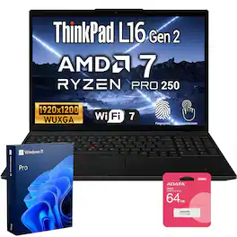 Lenovo - Upgraded - ThinkPad L16 16" WUXGA Touch Laptop - AMD Ryzen 7 PRO 250 - 64GB RAM 2TB SSD -FP Reader - Backlit KB - 64GB USB Drive - Black