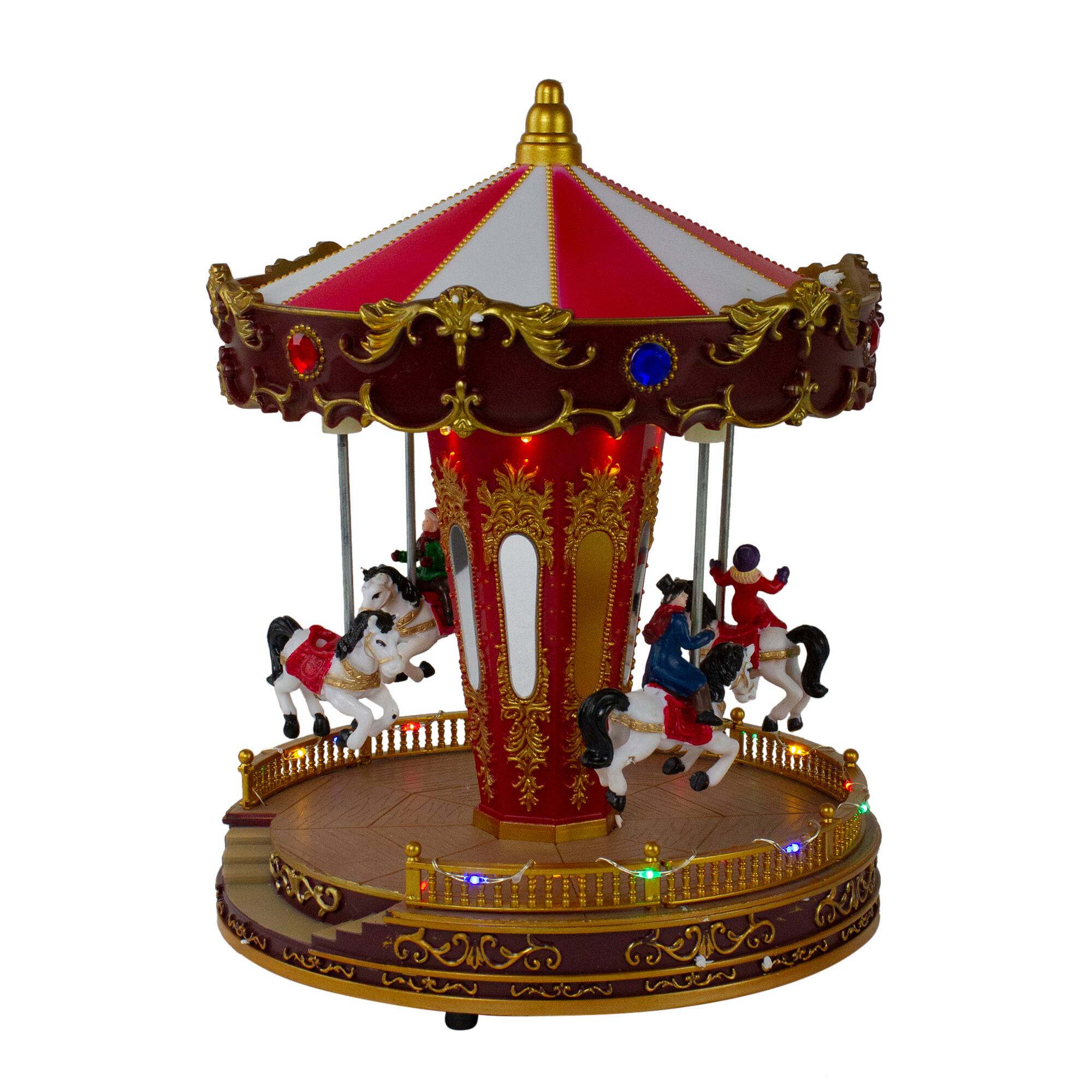 Alt View 4. Northlight - LED Lighted and Animated Horses Christmas Carousel Village Display - 11" - Red.