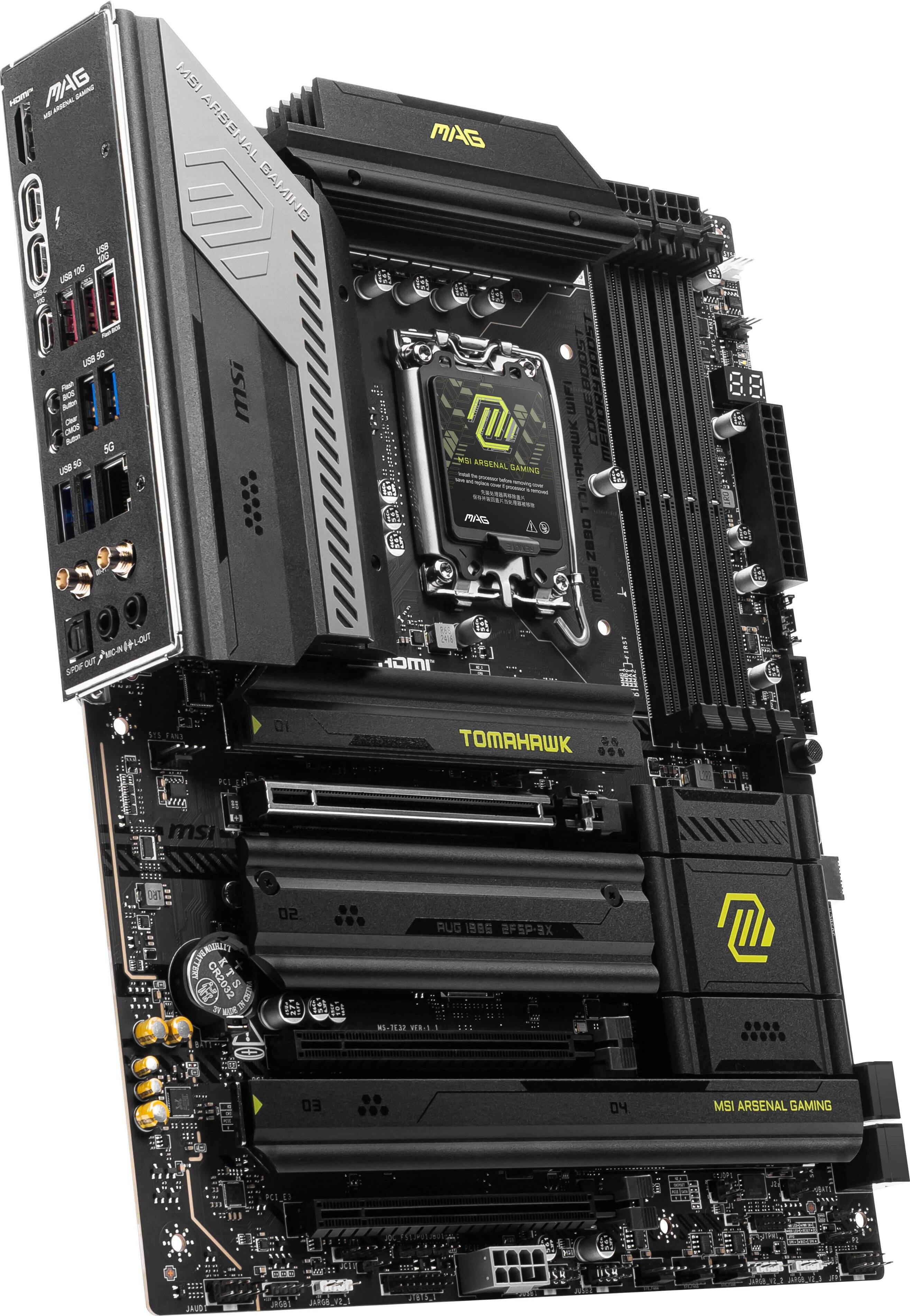 The image features a close-up view of a computer motherboard, specifically an MSI Arsenal Gaming motherboard. The board is black and has a variety of ports and connectors, including USB, HDMI, and other gaming-related features. The motherboard is designed for gaming and is equipped with a Tomahawk processor, which is known for its high performance and reliability. The image showcases the intricate details of the motherboard, highlighting its capabilities and features for gamers and enthusiasts.