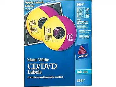Apply Labels Easily!
Lake View
Matte White CD/DVD Labels
Print photo quality graphics and text
Avery Ink Jet 8691
100 Labels
200 Labels
Avery Templates
Free Avery Software
Apply labels with any ink jet printer