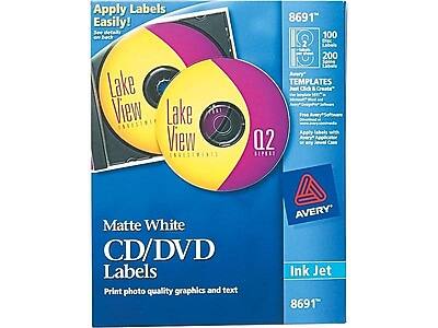 Apply Labels Easily!  
Lake View  
Matte White CD/DVD Labels  
Print photo quality graphics and text  
Avery Ink Jet 8691  
100 Labels  
200 Labels  
Avery Templates  
Free Avery Software  
Apply labels with any ink jet printer