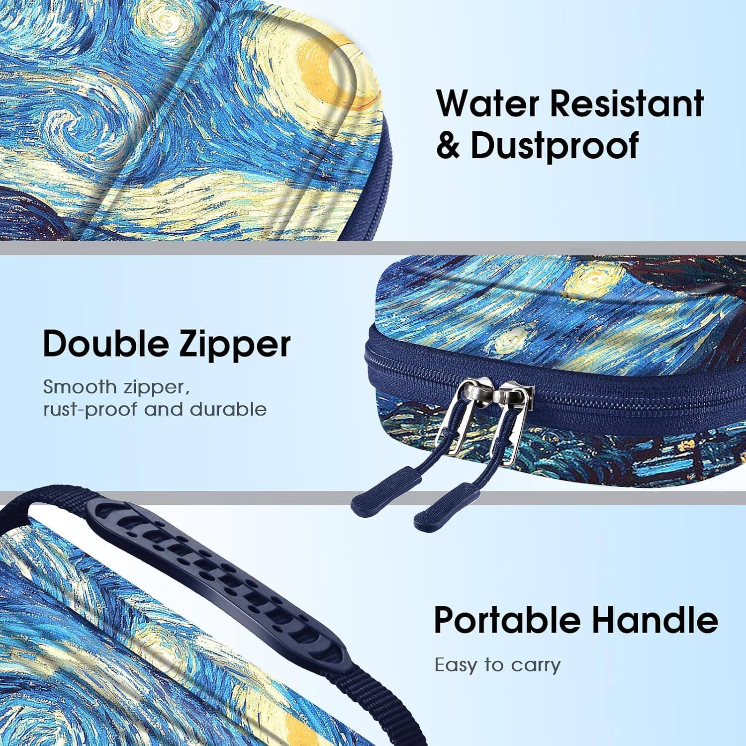 Water Resistant & Dustproof

Double Zipper
Smooth zipper, rust-proof and durable

Portable Handle
Easy to carry