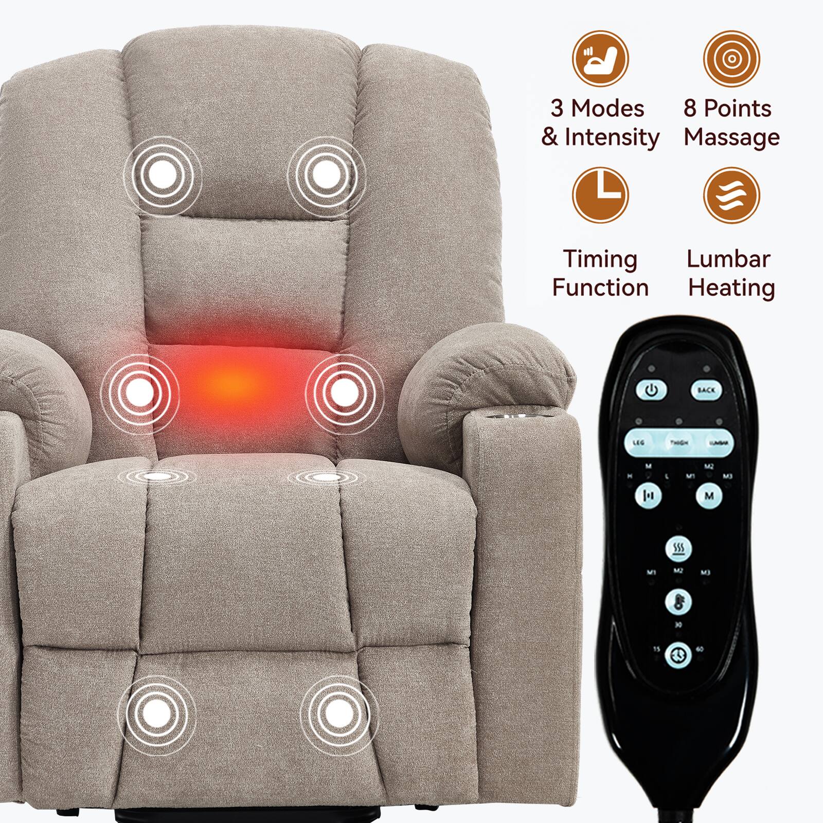 3 Modes & Intensity  
8 Points Massage  
Timing Function  
Lumbar Heating