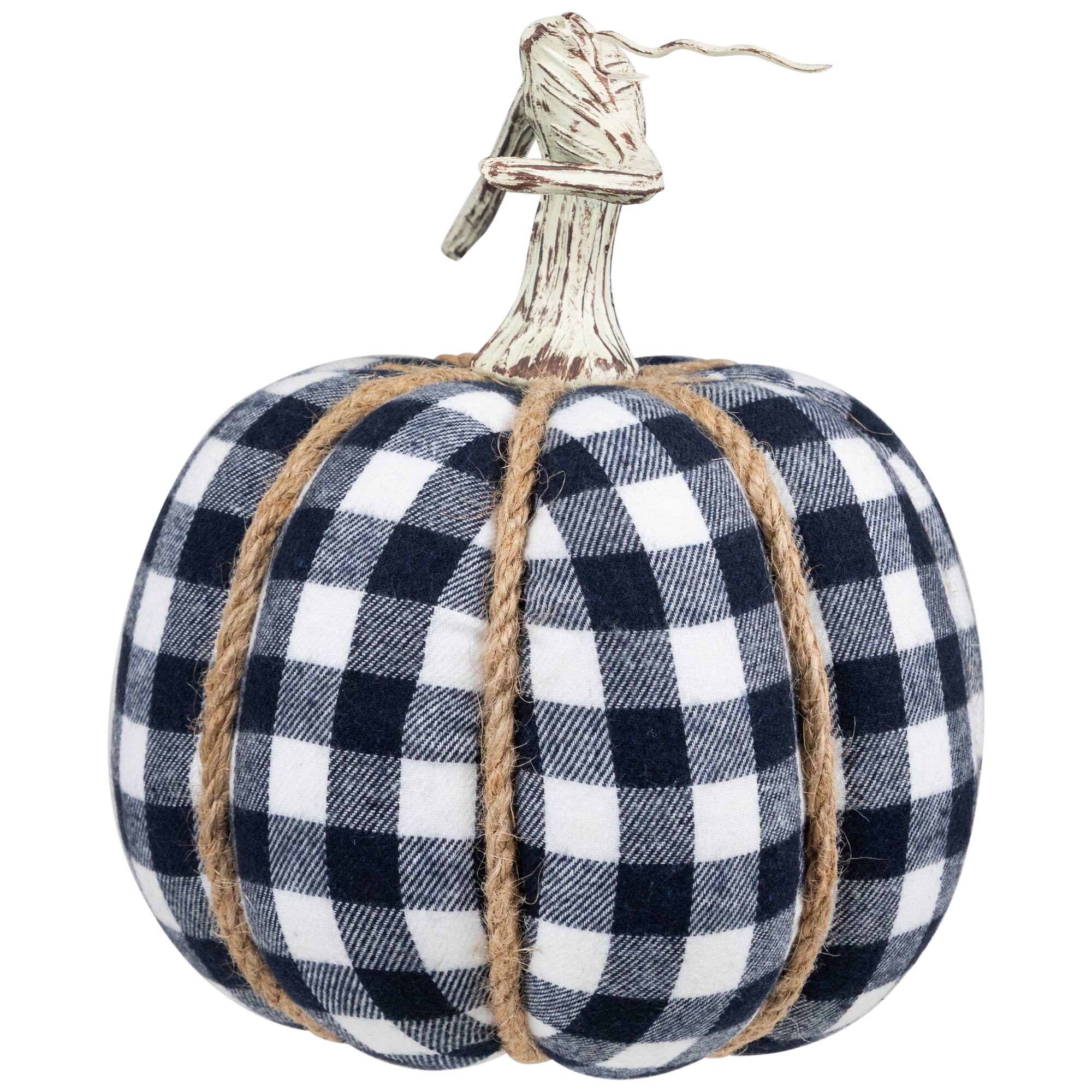 Alt View 2. Northlight - Buffalo Plaid Fall Harvest Pumpkin with Weathered Stem - 7.75" - Blue - Blue.