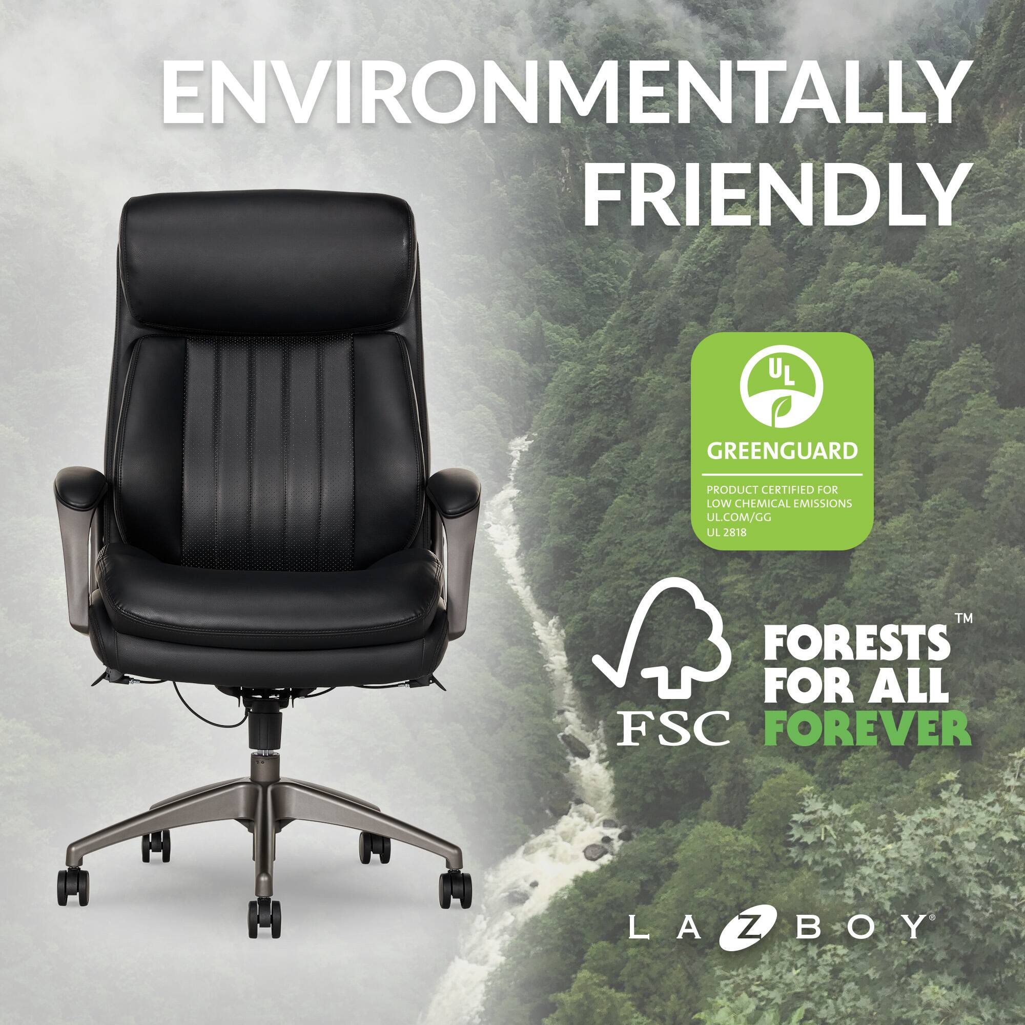 The text on the image is grouped and corrected as follows:

"Environmentally Friendly - UL Greenguard Product Certified for Low Chemical Emissions - ULCOM/GG UL 2818 TM - Forests for All - FSC Forever - LA Z Boy."