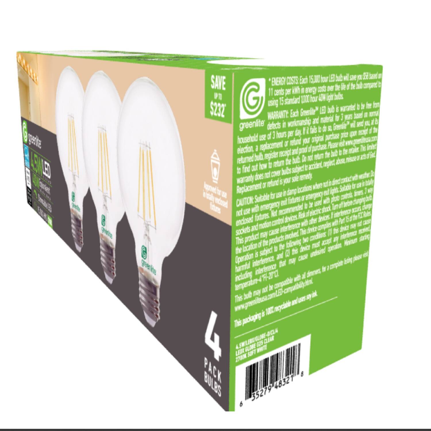Each 15,000 hour LED hub save $232 SAVE ENERGY COSTS: Each 15,000 hour LED hub will save you $232 an energy costs over the life of the bulb compared to using 15 standard 1000 hour 40W light bulbs. WARRANTY: Each Greenlite LED bulb is warranted to be free from defects in workmanship and materials for 3 years based on normal household use of 3 hours per day. If it fails to perform, Greenlite will send you a replacement or refund your original purchase price upon receipt of the returned bulb. Please register, receipt and proof of purchase. To find out how to return the bulbs, see the inside of this box. Warranty does not cover bulbs subject to accident, misuse, damage or abuse. Replacement or refund is your sole remedy. CAUTION: Suitable for use in damp locations. Not recommended for use with emergency lights, timers, motion control devices, or any other device that is not directly contact with weather. Do not use with emergency fixtures. Not recommended for use with electric shock fixtures. Risk of electric shock. This product may cause interference with other devices. This product must be operated in the following conditions: (1)