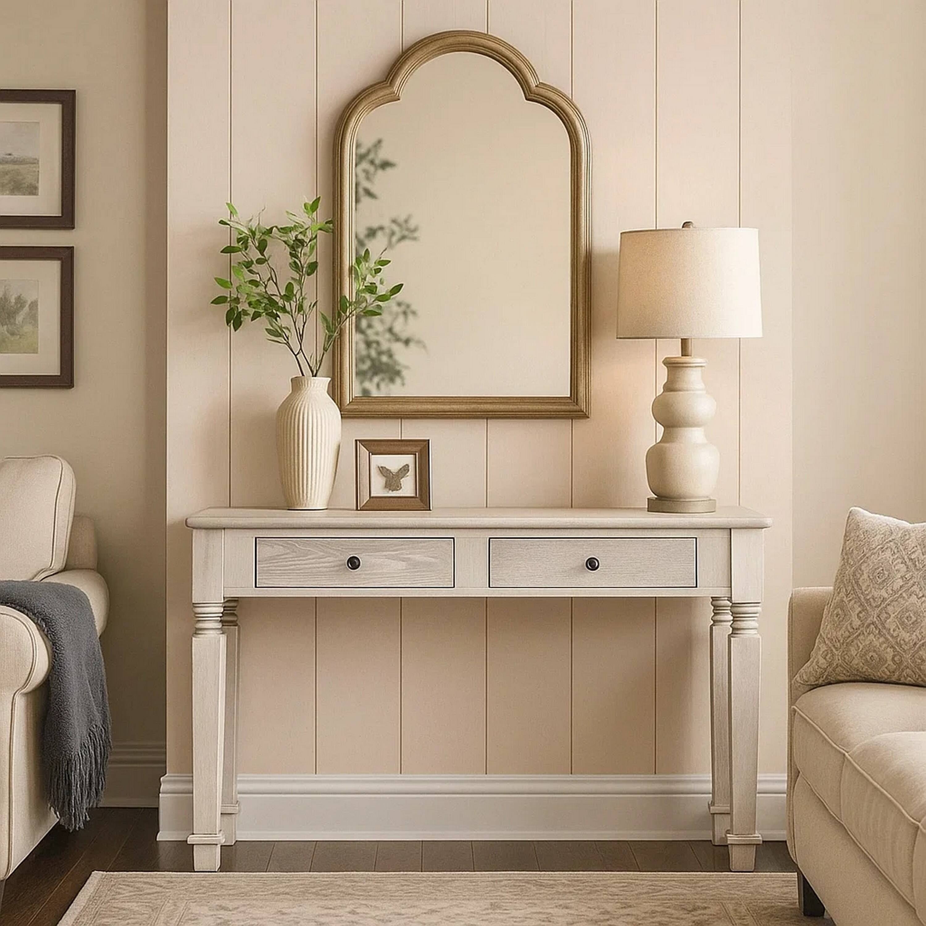 Alt View 6. Manhattan Lane - Spacious Wooden Sofa Table with Carved Turned Legs, Antique White - White.