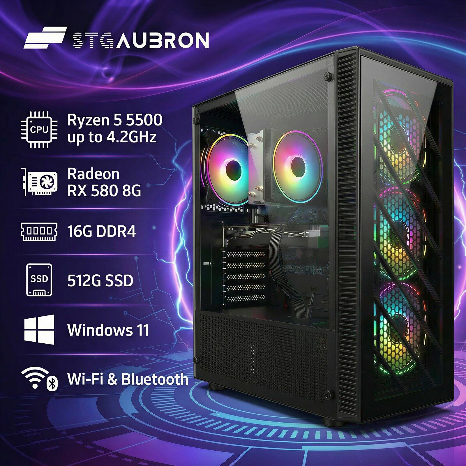 STGAubron Gaming PC Computer Desktop,AMD Ryzen 5 5500 up to 4.2GHz