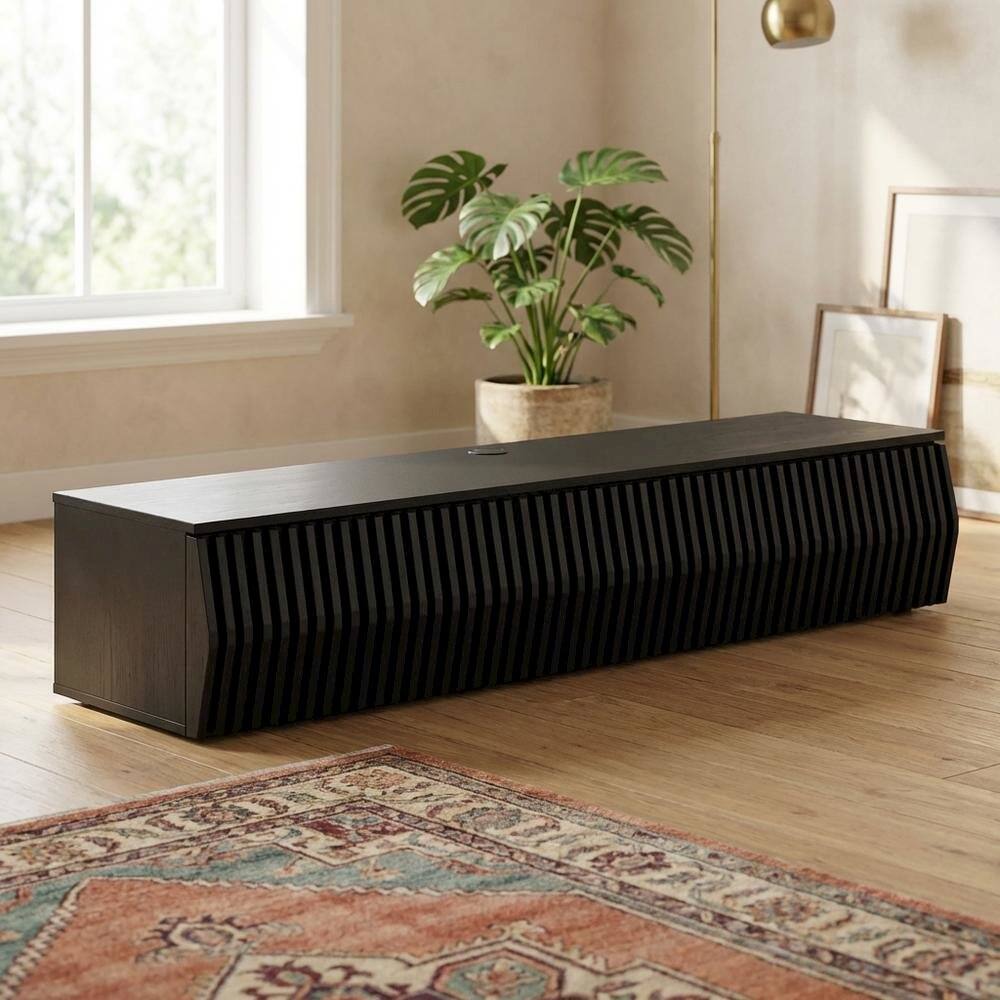 Angle. FurniFact - Black Wall Mount TV Stand with Sturdy Construction and Storage Space - Black.