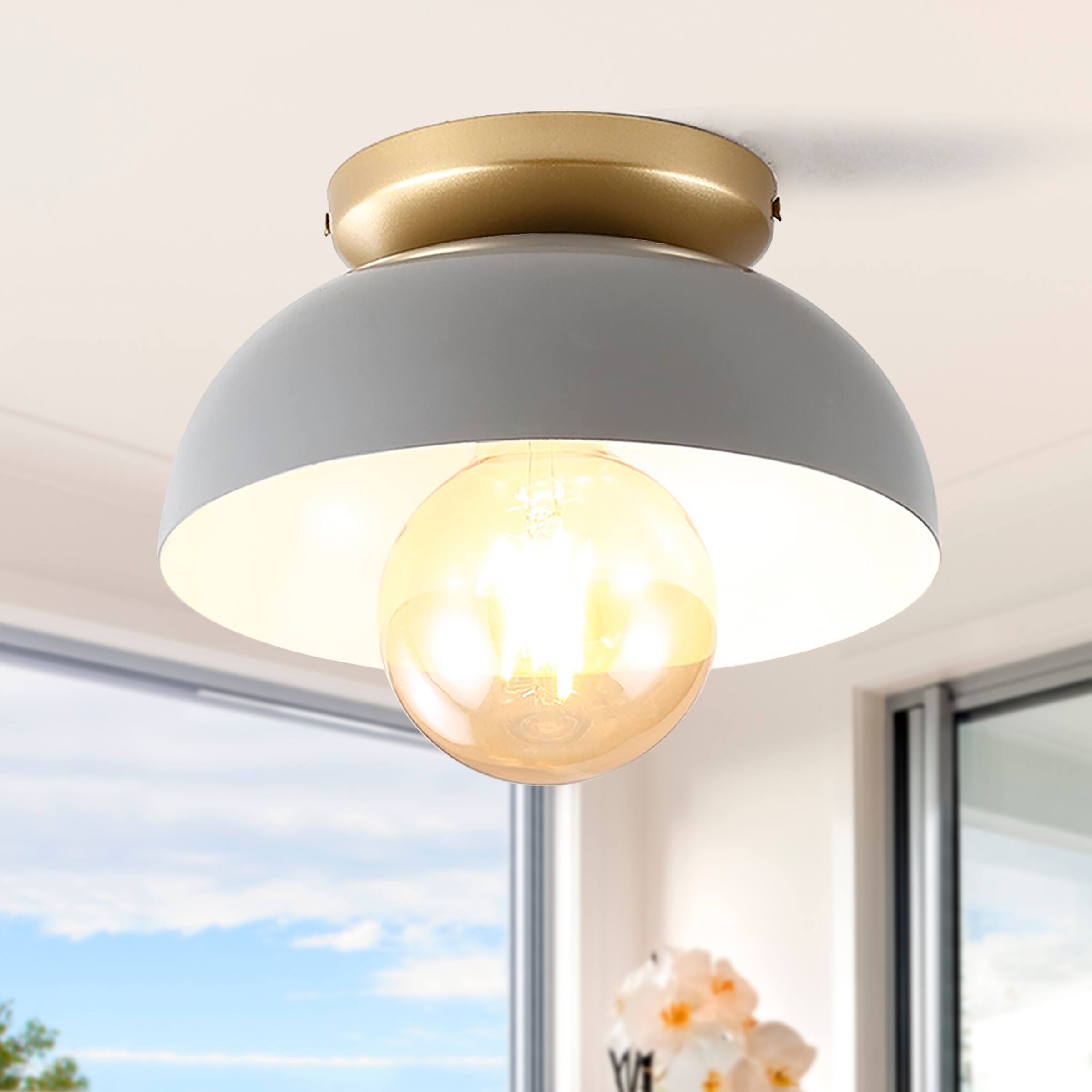 Alt View 1. Jonathan Y - Paulina 8.5" 1-Light Classic Industrial Iron LED Flush Mount, Gray/Gold Painting - Gray/Gold Painting.