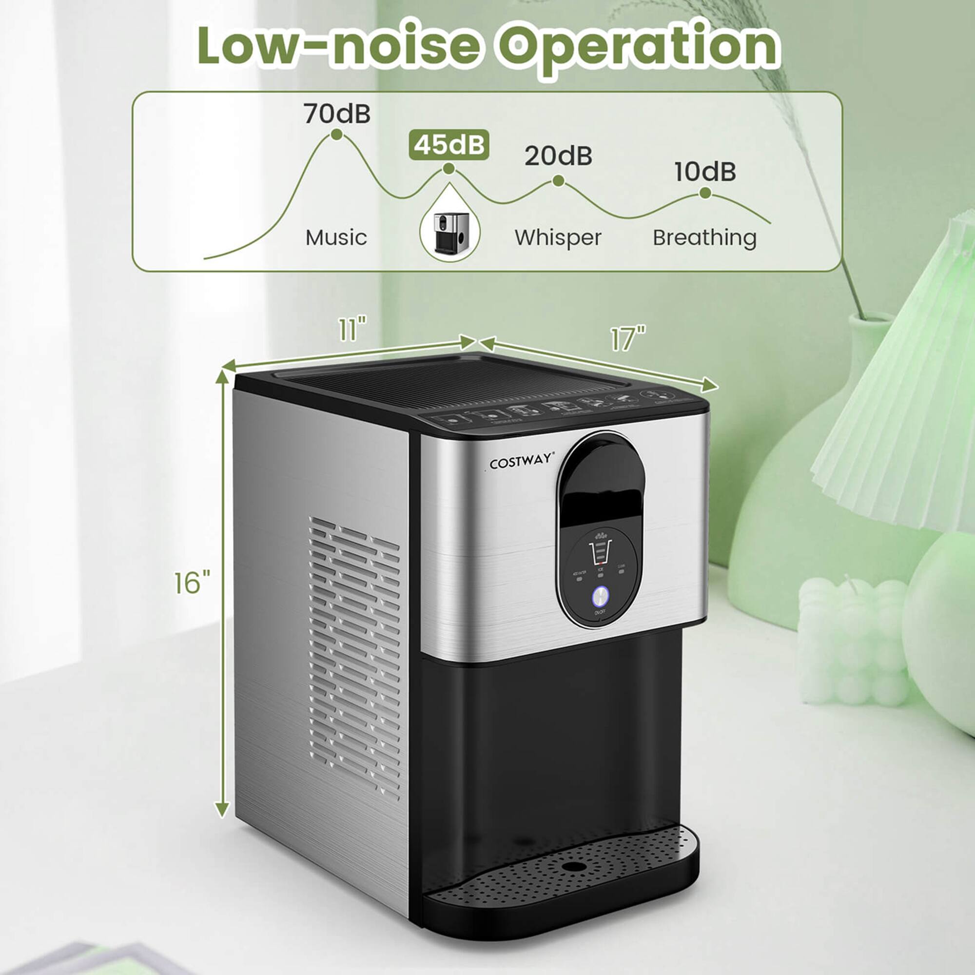Low-noise Operation: 70dB, 45dB, 20dB, 10dB; Music, Whisper, Breathing; 11", 17", 16" COSTWAY.